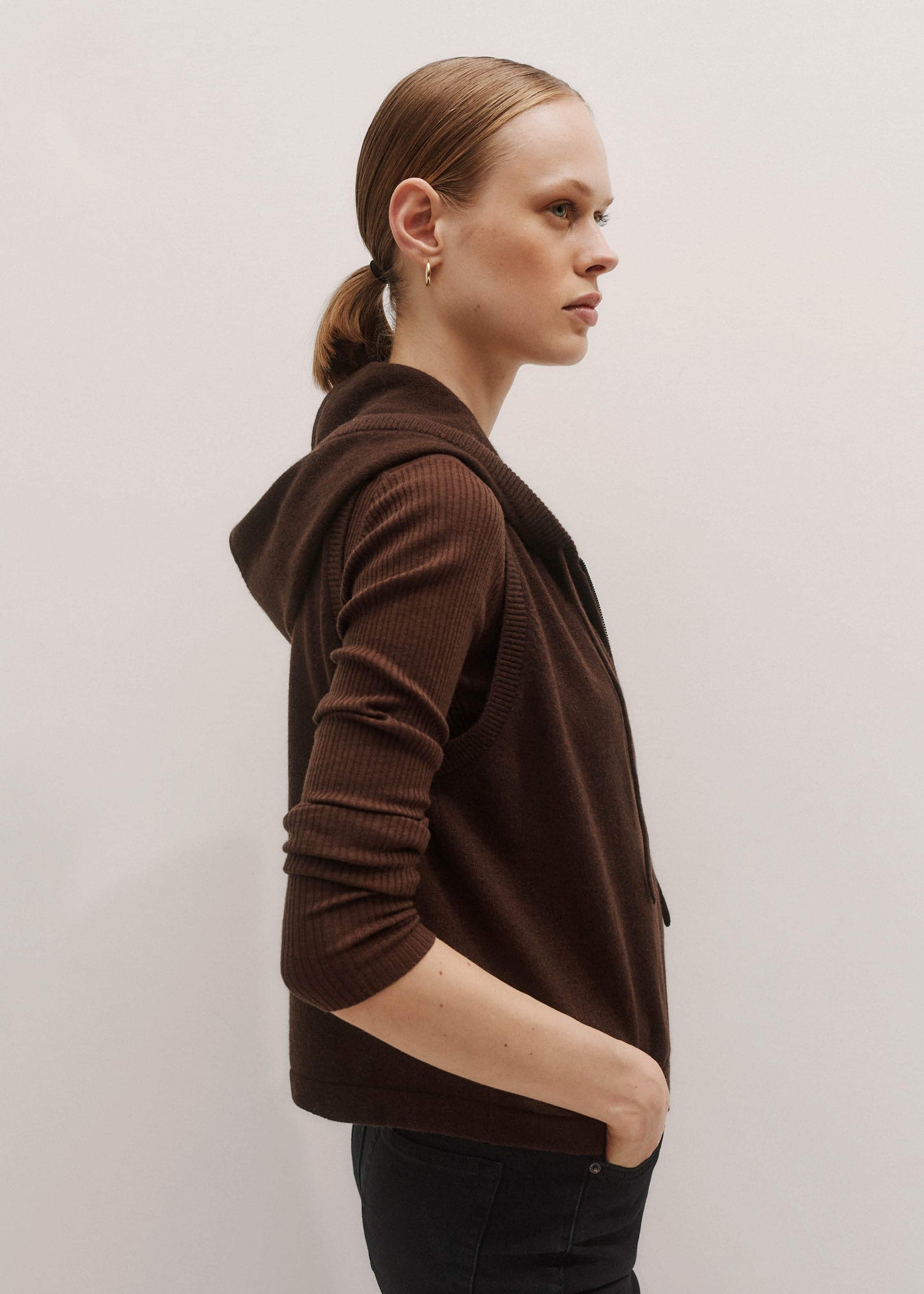 ME and EM Clothing Brown Cashmere Sleeveless Relaxed Zip Hoodie