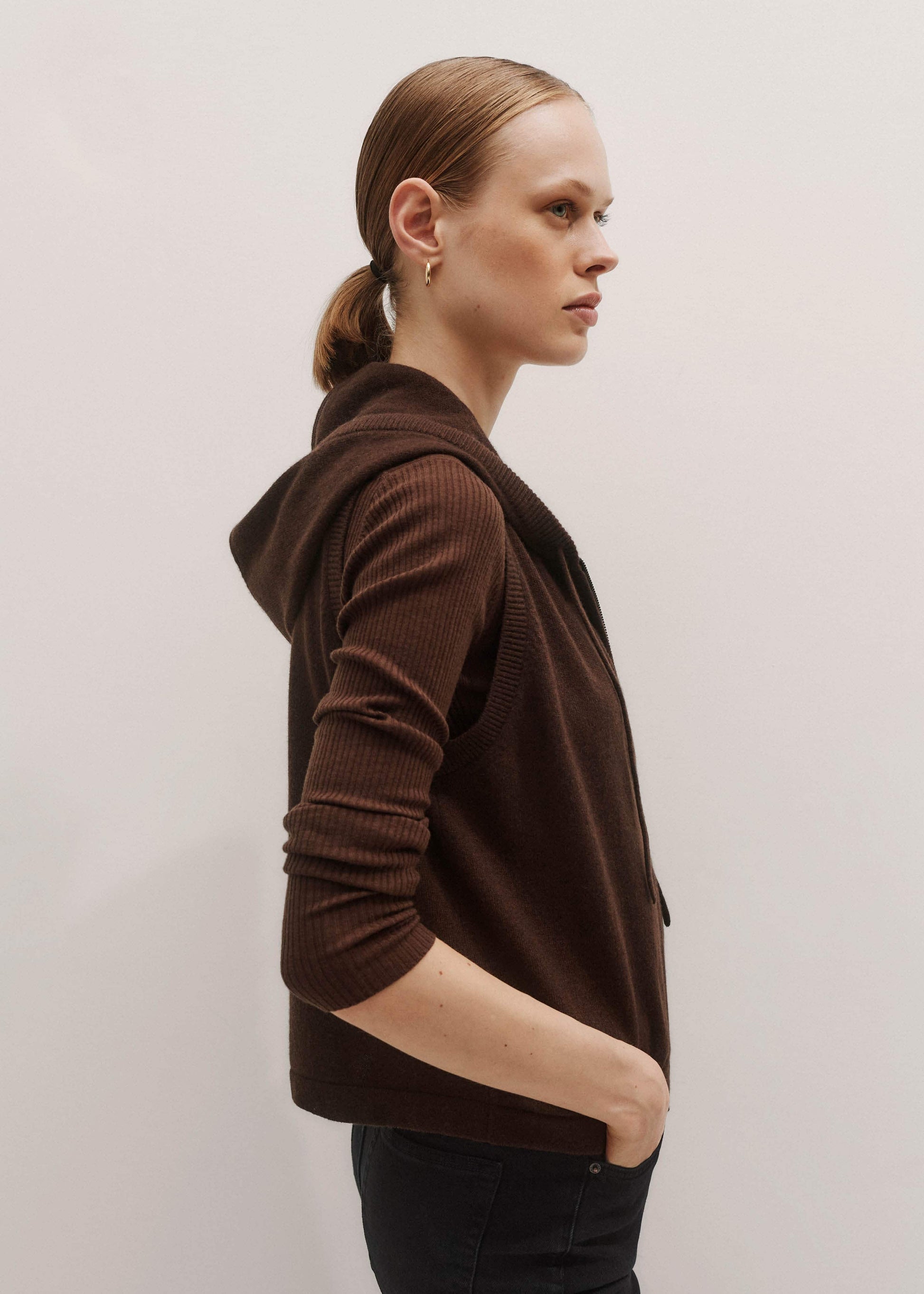 ME and EM Clothing Brown Cashmere Sleeveless Relaxed Zip Hoodie