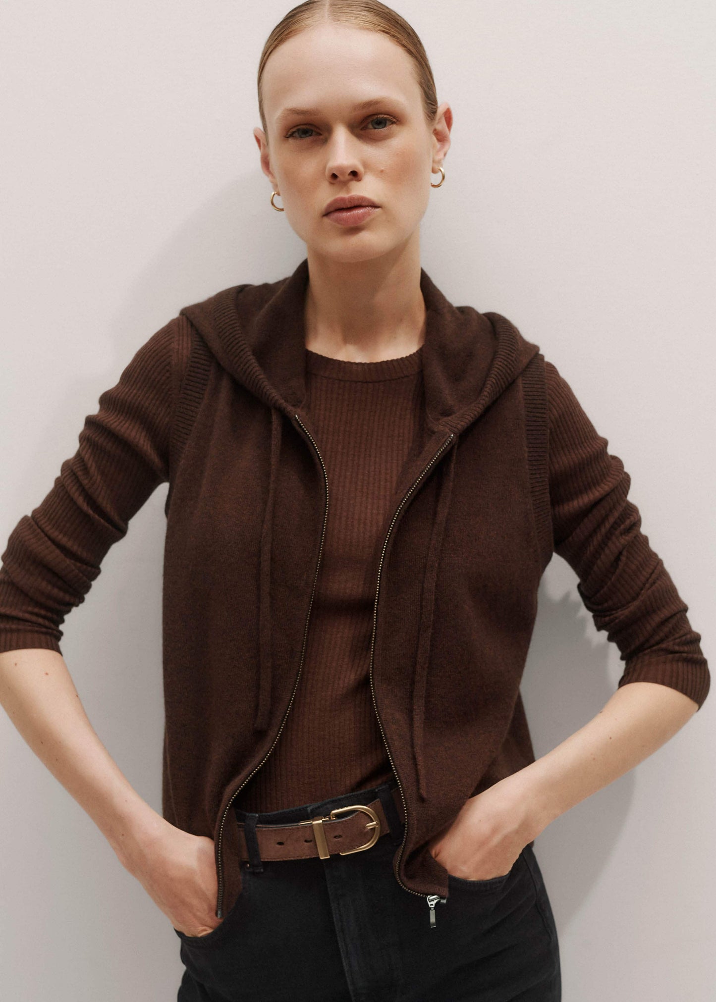 ME and EM Clothing Brown Cashmere Sleeveless Relaxed Zip Hoodie
