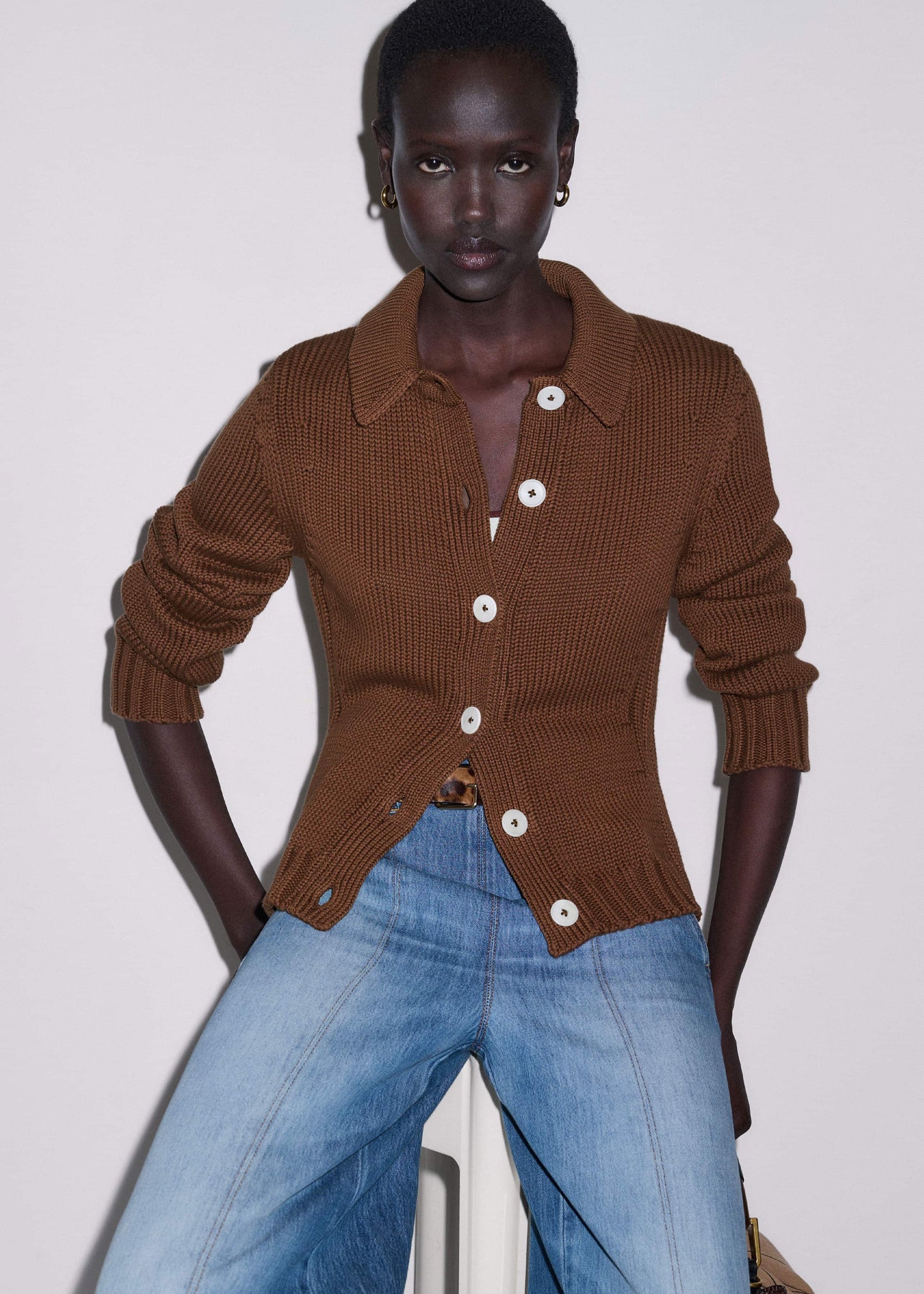 ME and EM Clothing Brown Slim Collared Cardigan