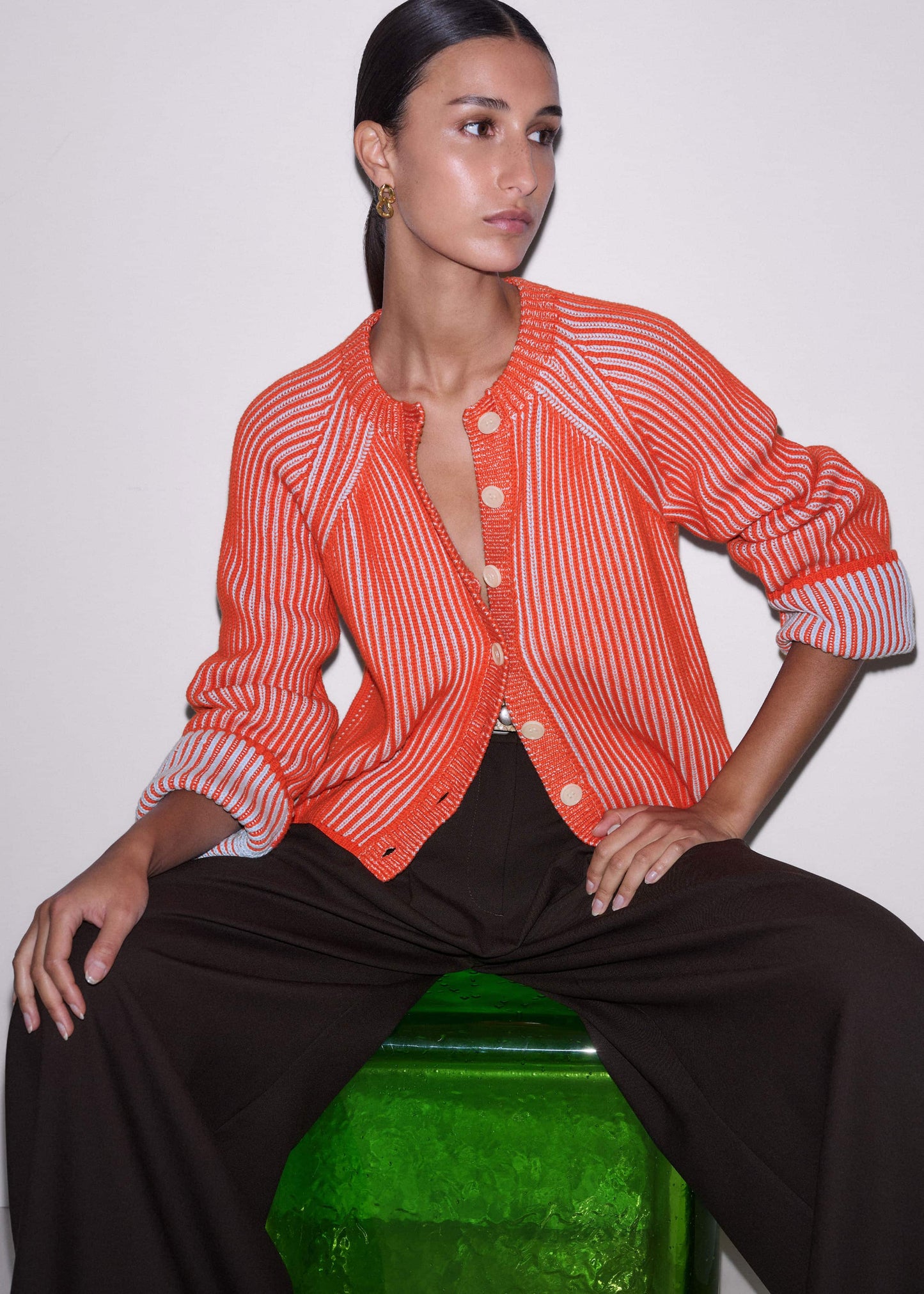 ME and EM Clothing Orange Contrast Rib Straight Cardigan