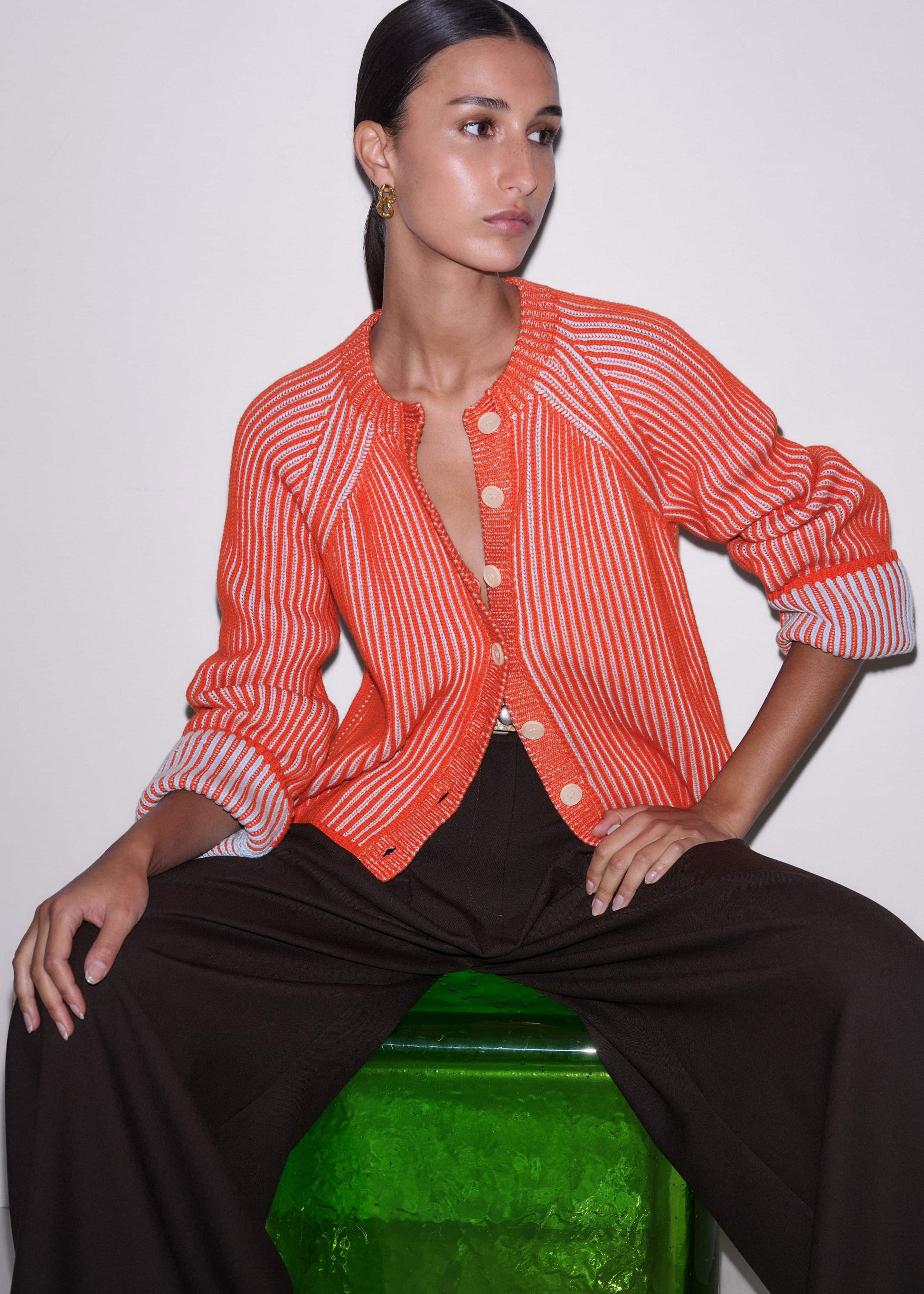ME and EM Clothing Orange Contrast Rib Straight Cardigan