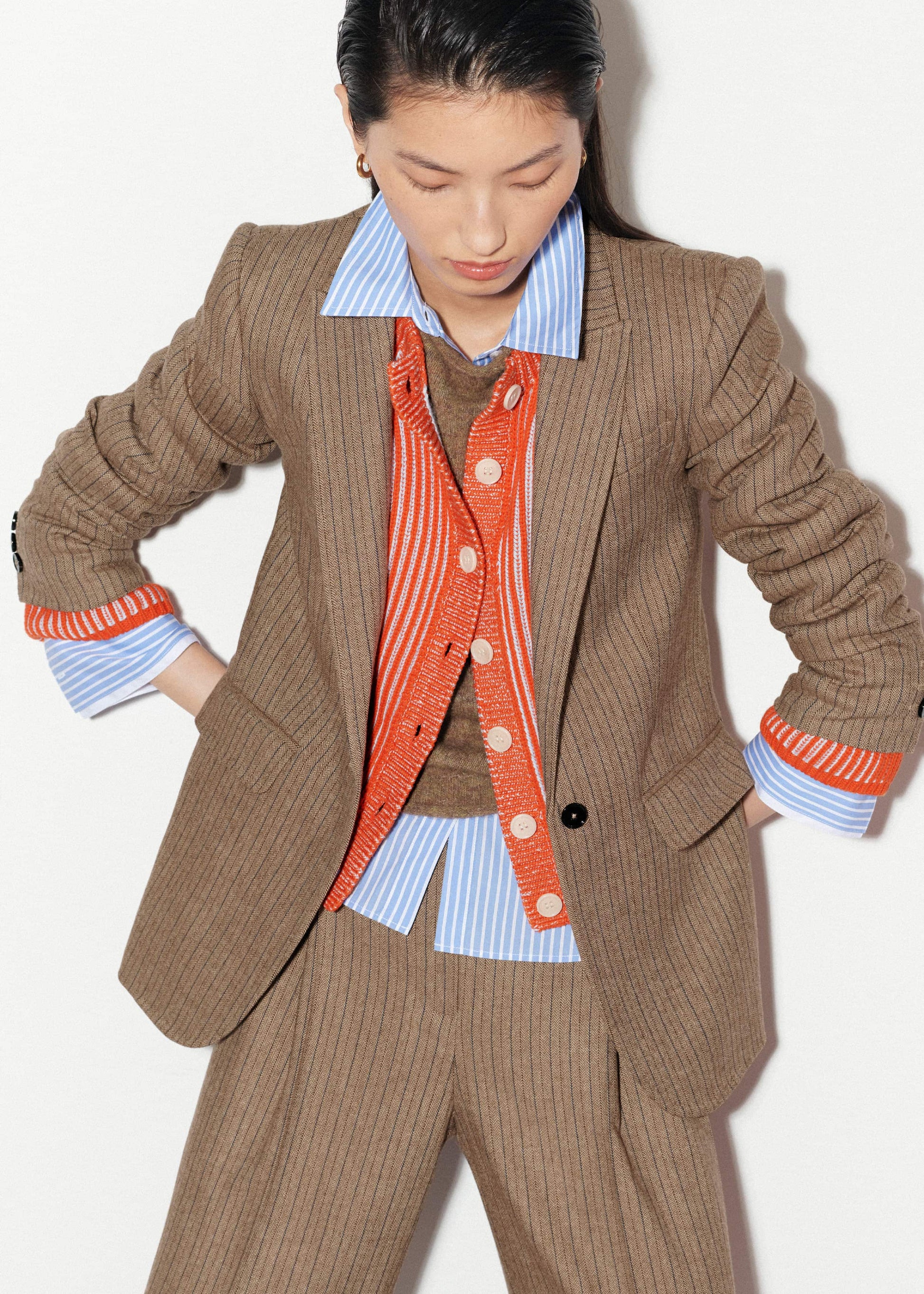 ME and EM Clothing Orange Contrast Rib Straight Cardigan
