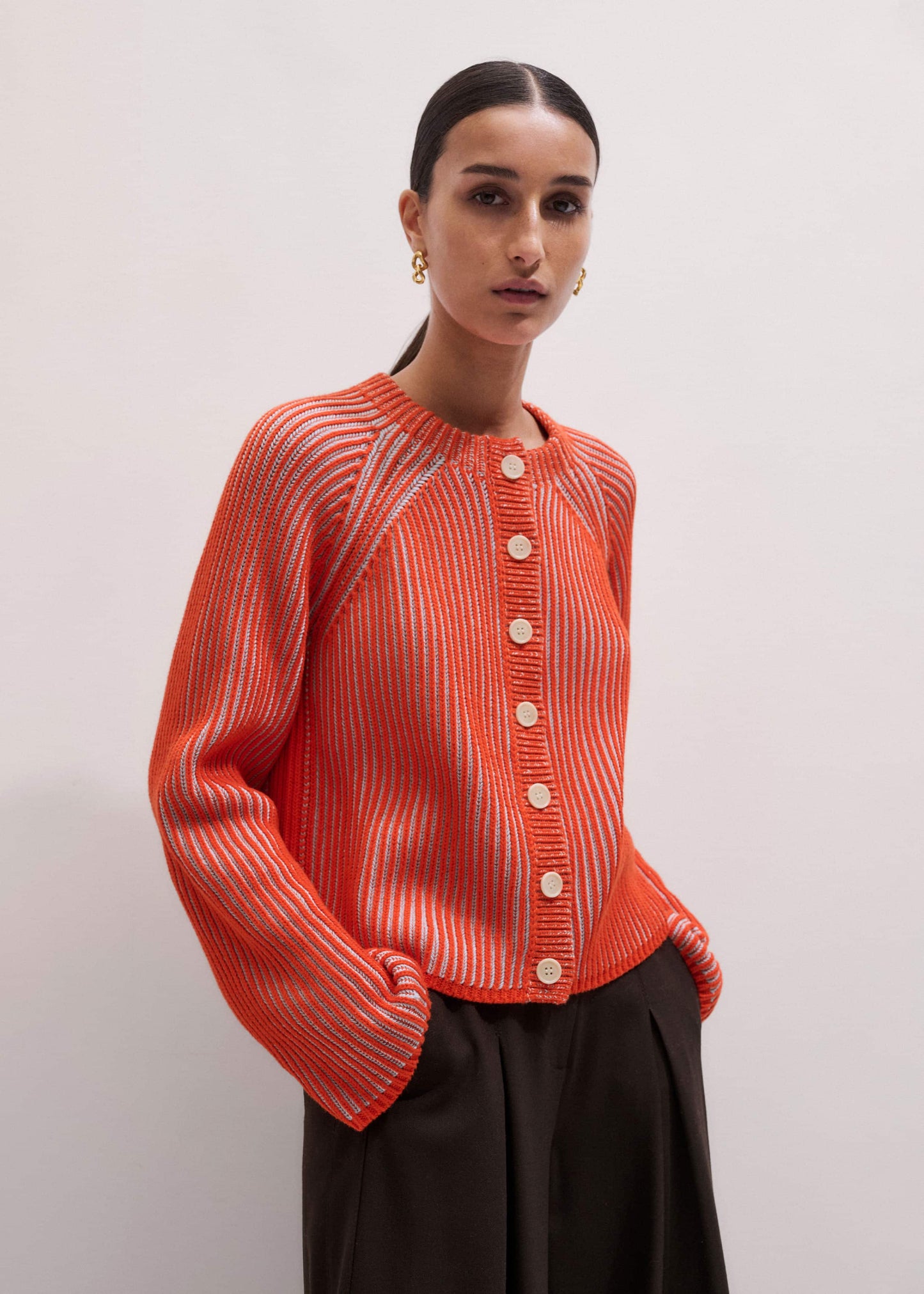 ME and EM Clothing Orange Contrast Rib Straight Cardigan