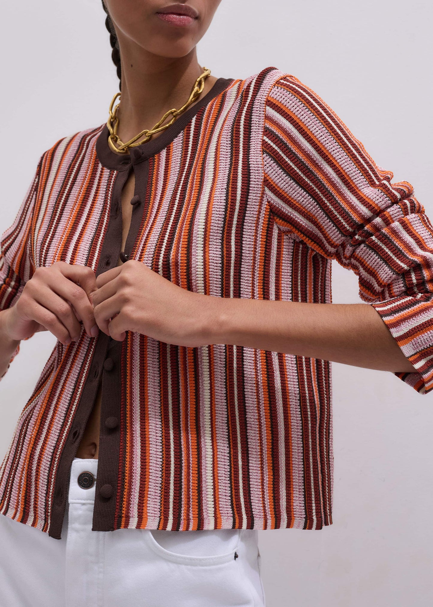 ME and EM Clothing Cinnamon Brown Metallic Stripe Cardigan
