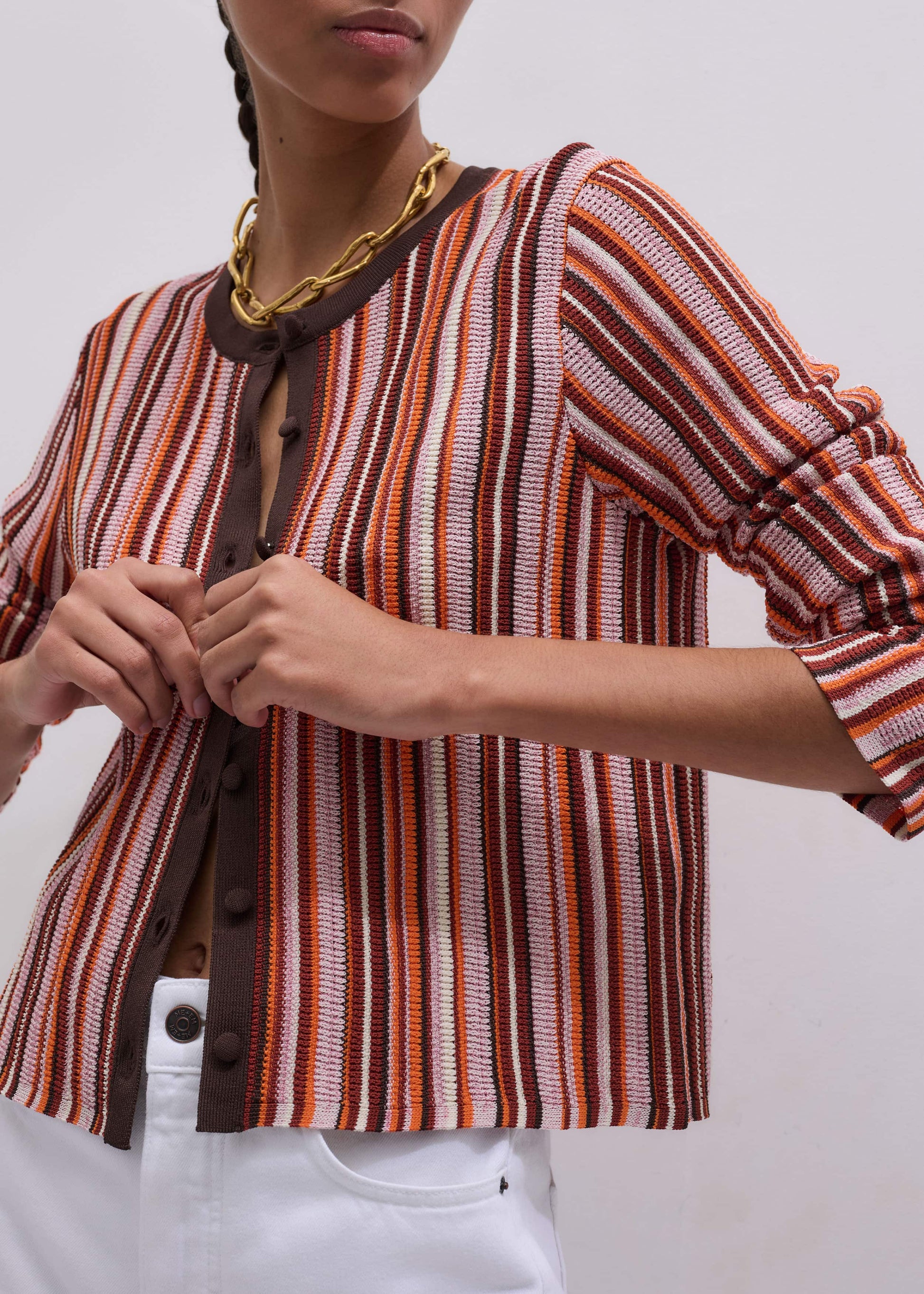 ME and EM Clothing Cinnamon Brown Metallic Stripe Cardigan