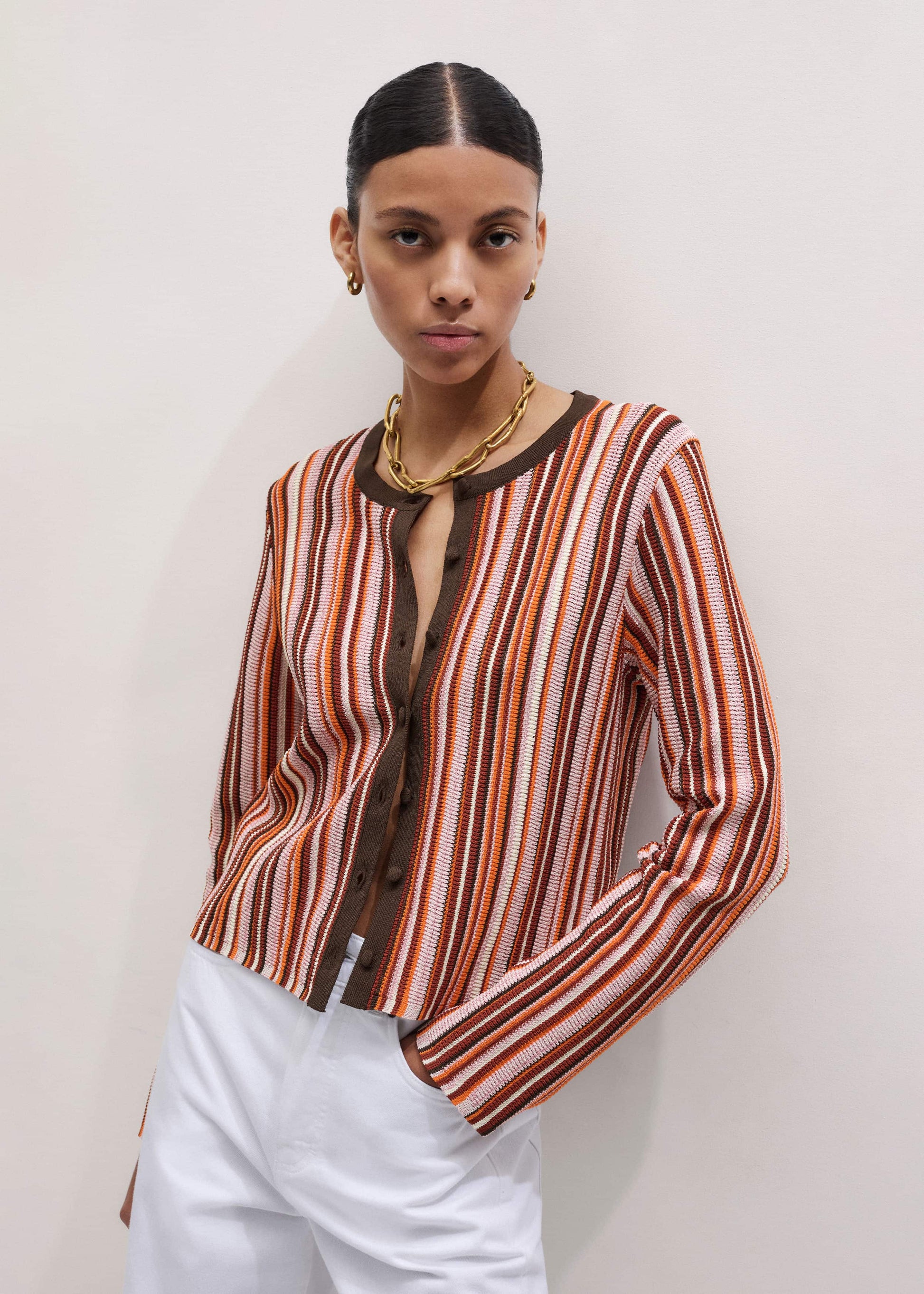 ME and EM Clothing Cinnamon Brown Metallic Stripe Cardigan