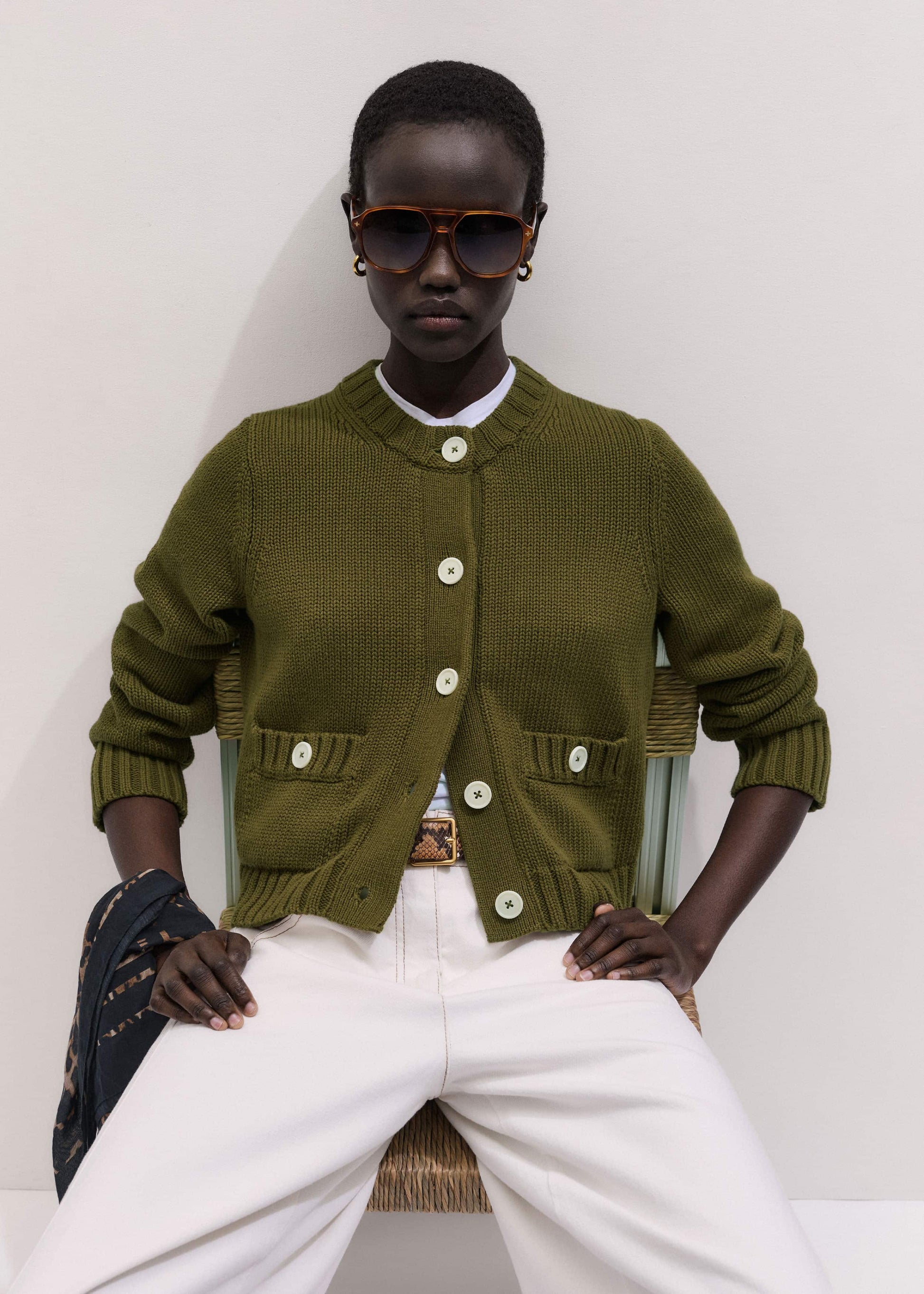 ME and EM Clothing Olive Green Straight Crop Cardigan