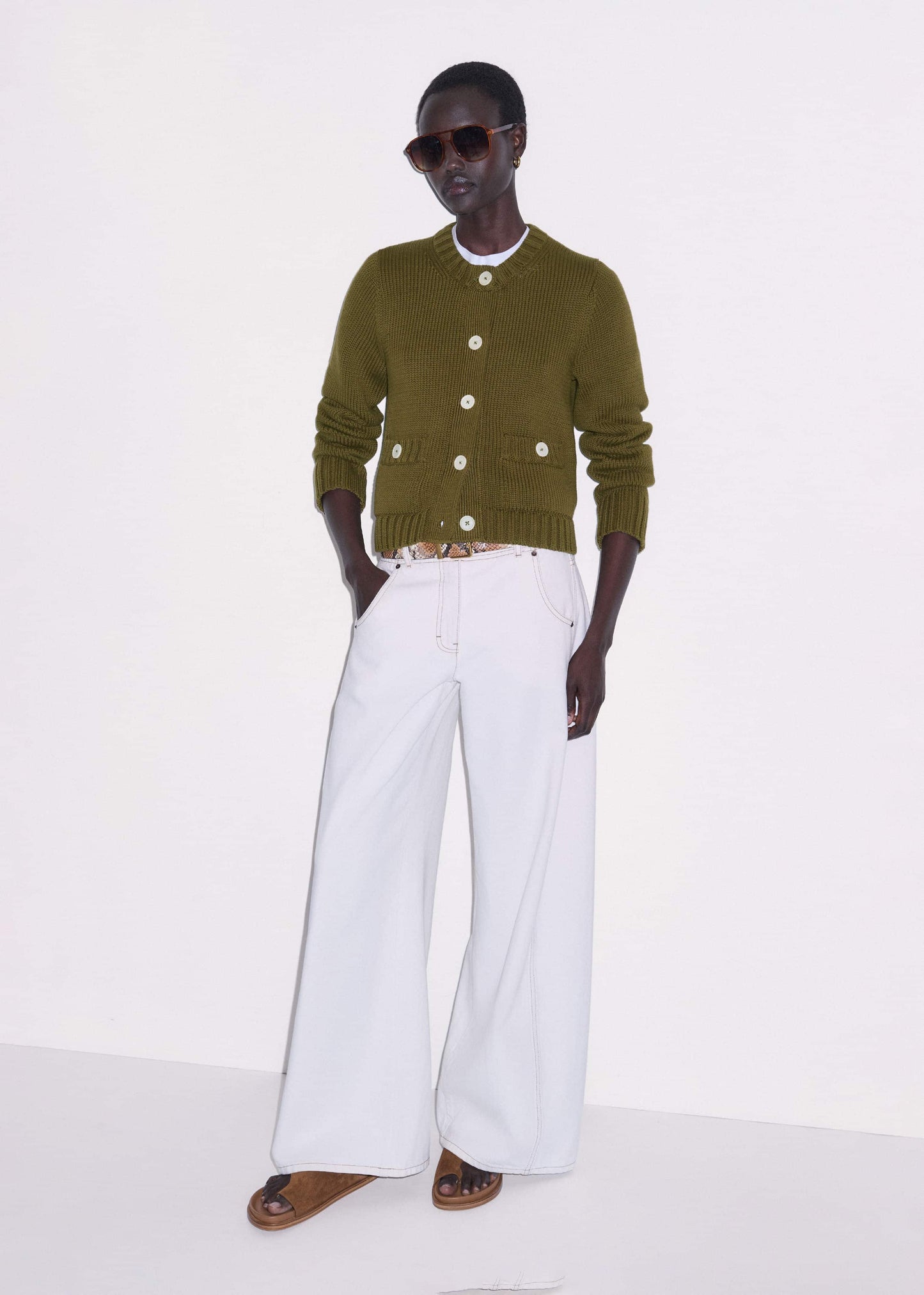 ME and EM Clothing Olive Green Straight Crop Cardigan