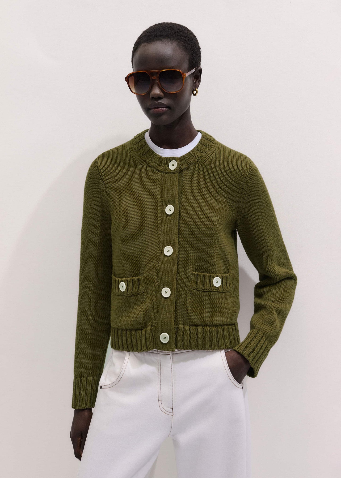 ME and EM Clothing Olive Green Straight Crop Cardigan