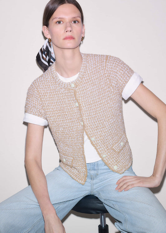 ME and EM Clothing Cream Tweed Knit Pouf Shoulder Textured Crop Jacket