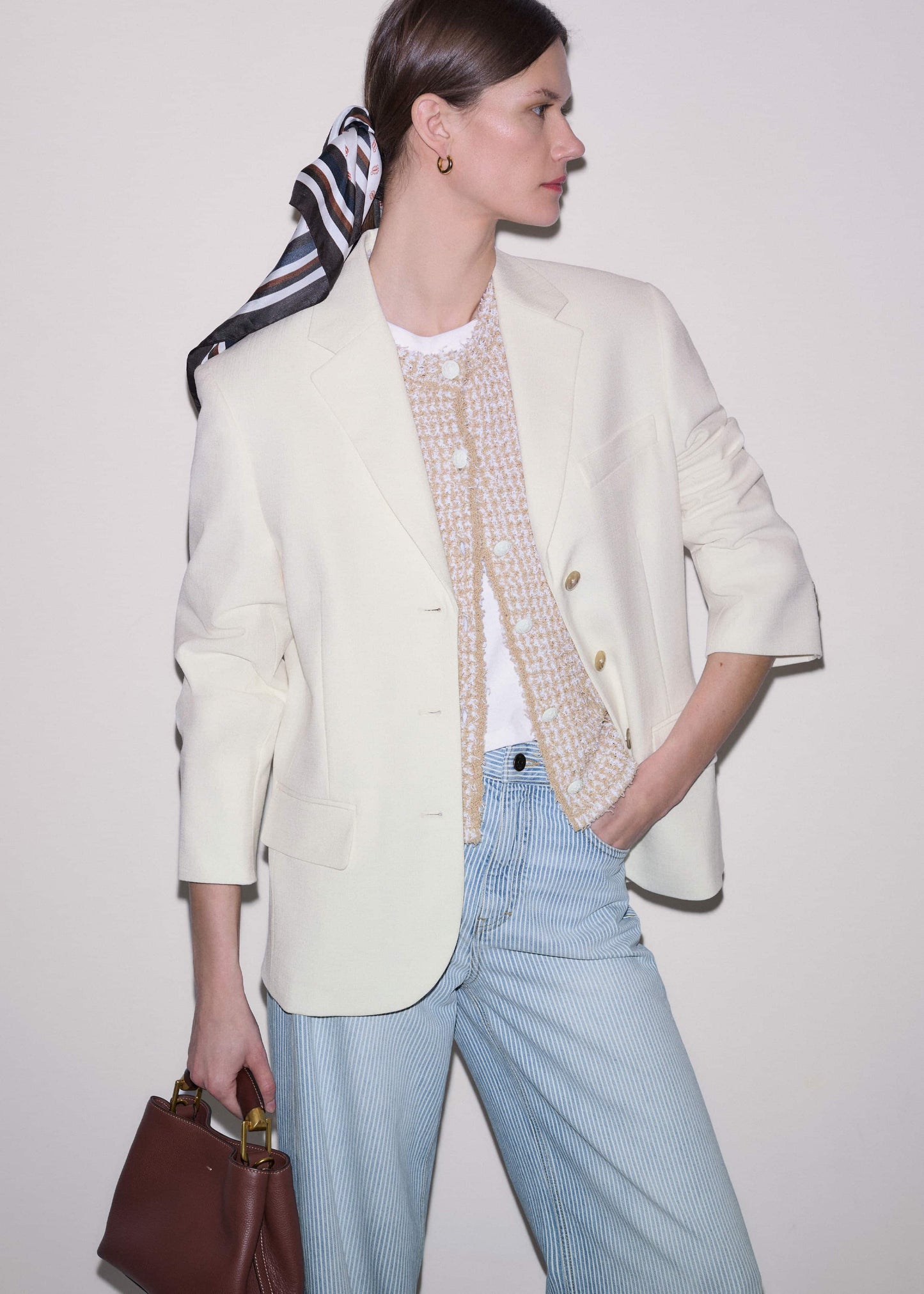 ME and EM Clothing Cream Tweed Knit Pouf Shoulder Textured Crop Jacket