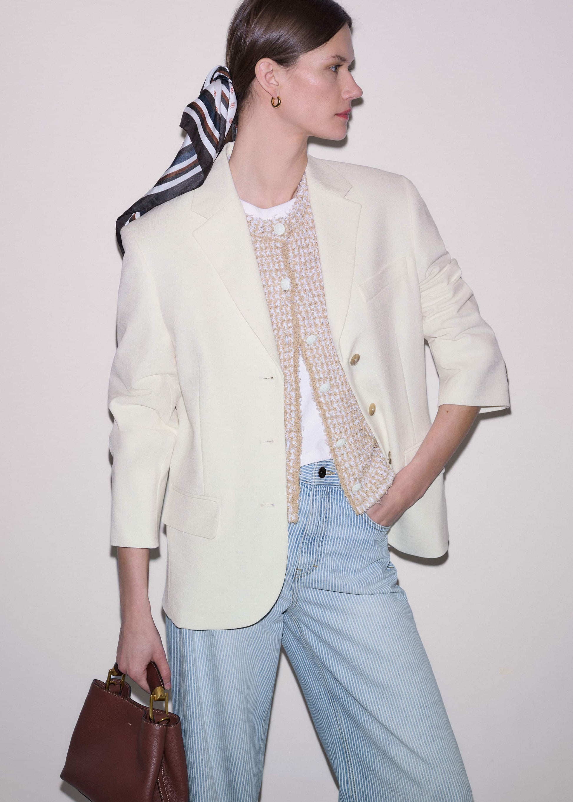 ME and EM Clothing Cream Tweed Knit Pouf Shoulder Textured Crop Jacket