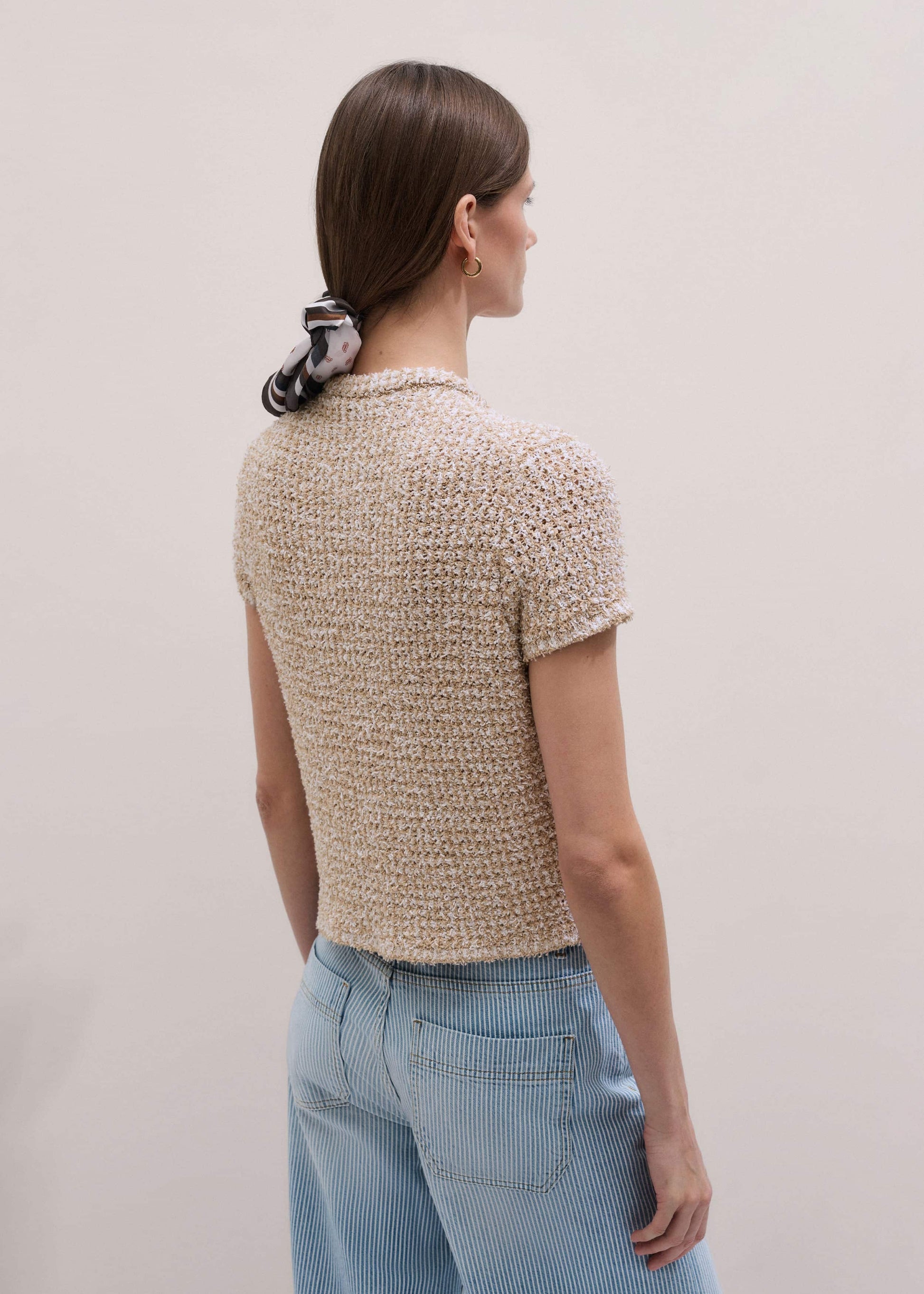 ME and EM Clothing Cream Tweed Knit Pouf Shoulder Textured Crop Jacket