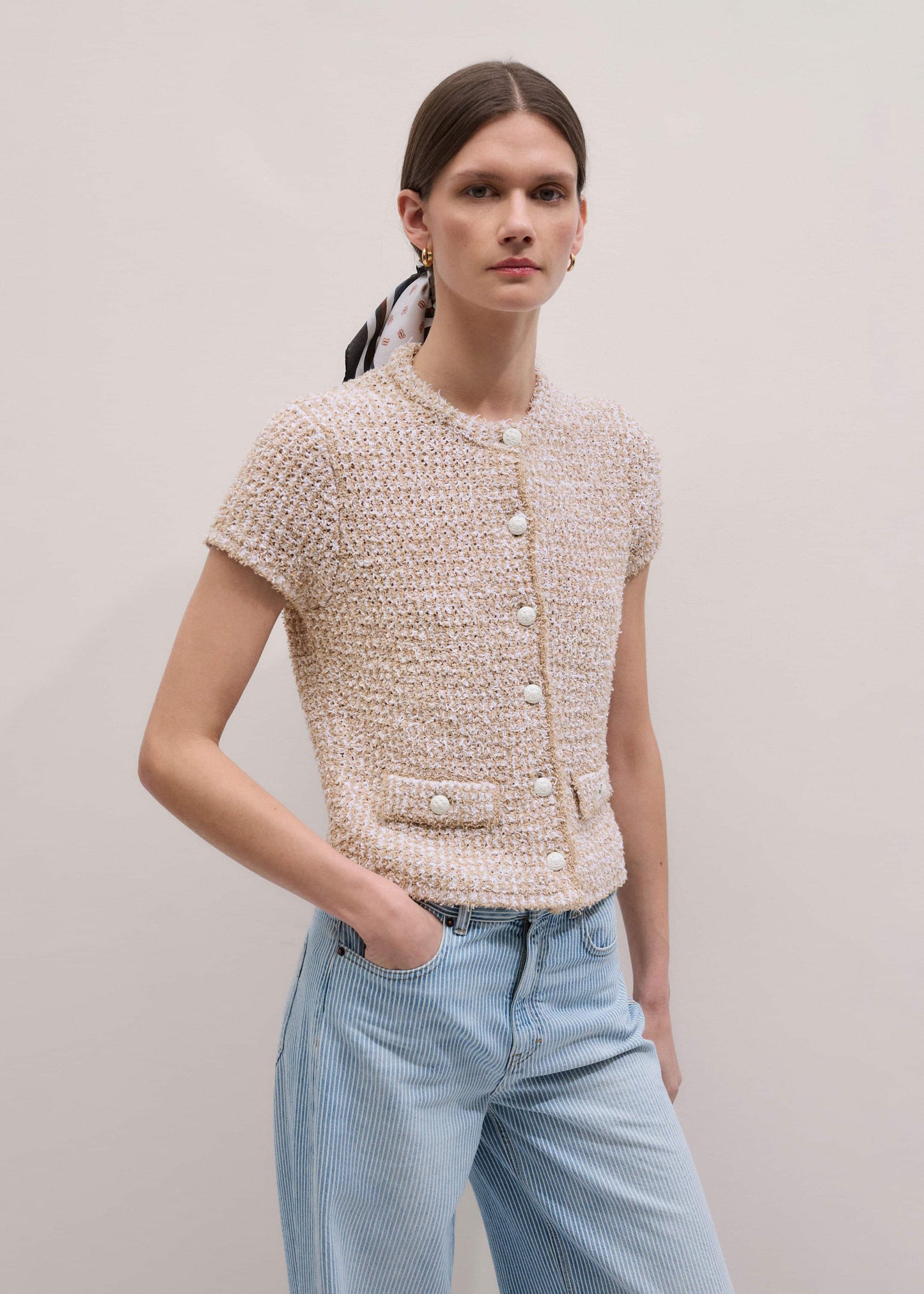 ME and EM Clothing Cream Tweed Knit Pouf Shoulder Textured Crop Jacket