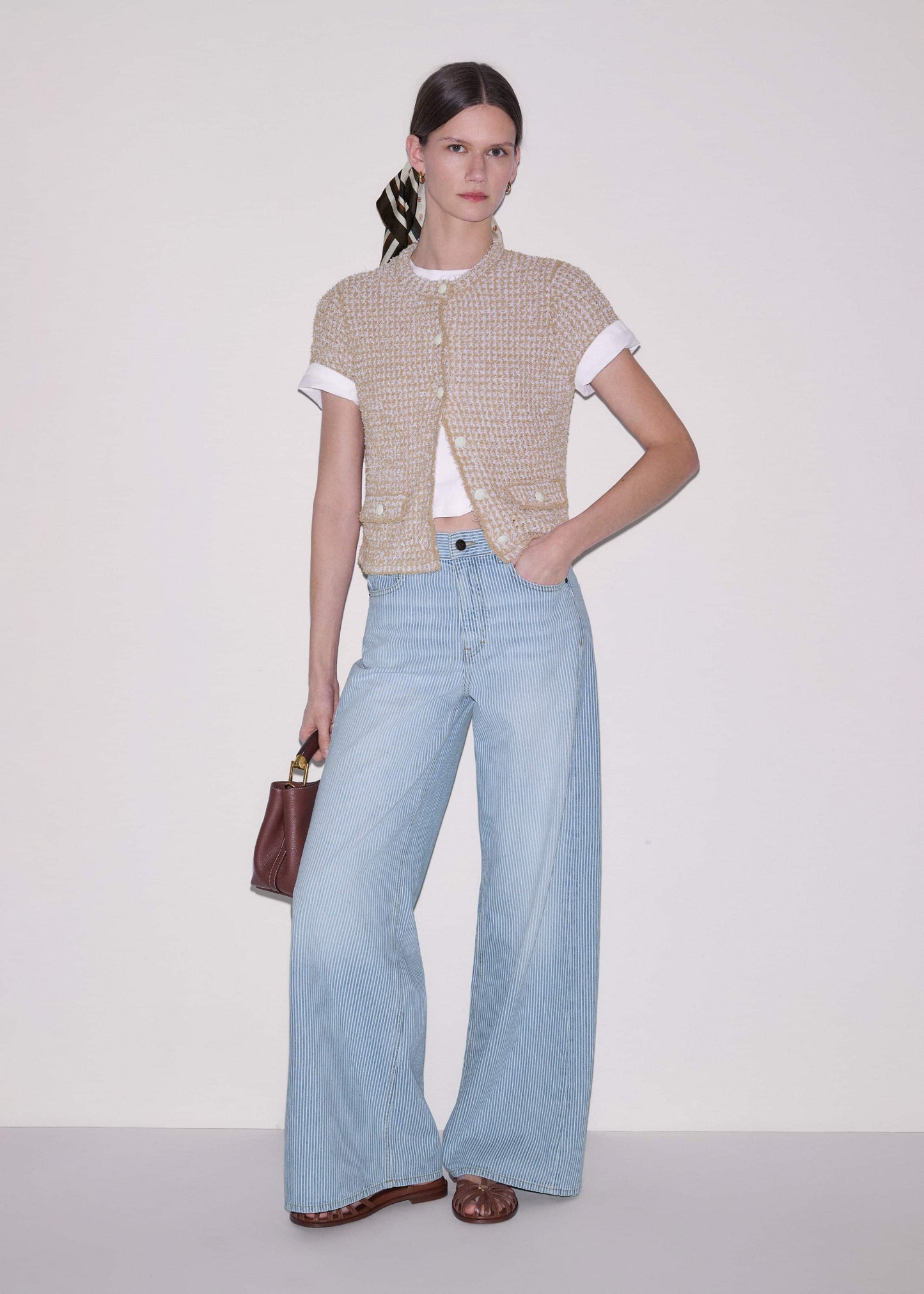 ME and EM Clothing Cream Tweed Knit Pouf Shoulder Textured Crop Jacket