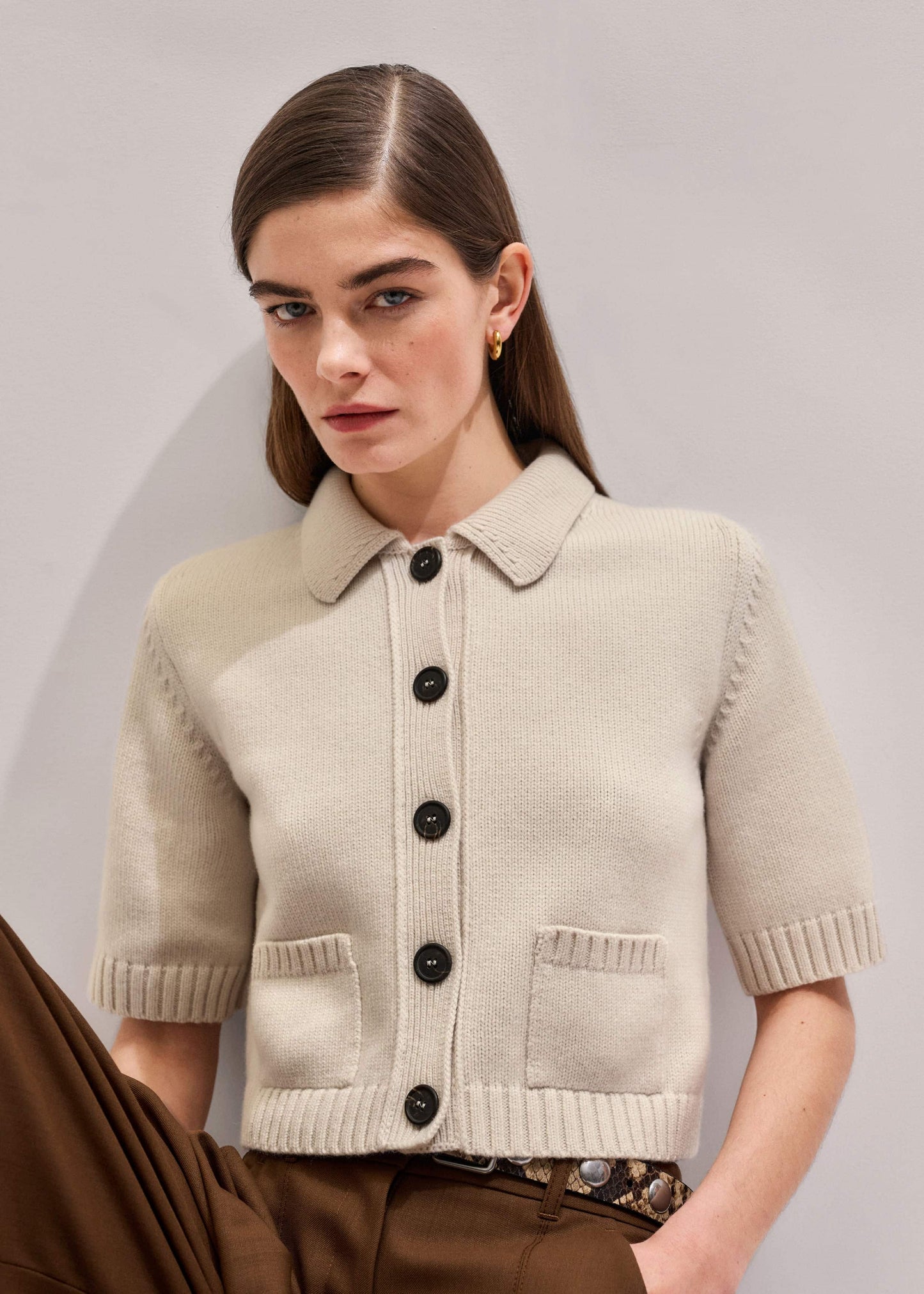 ME and EM Clothing Cream Merino Cashmere Cropped Knit Jacket