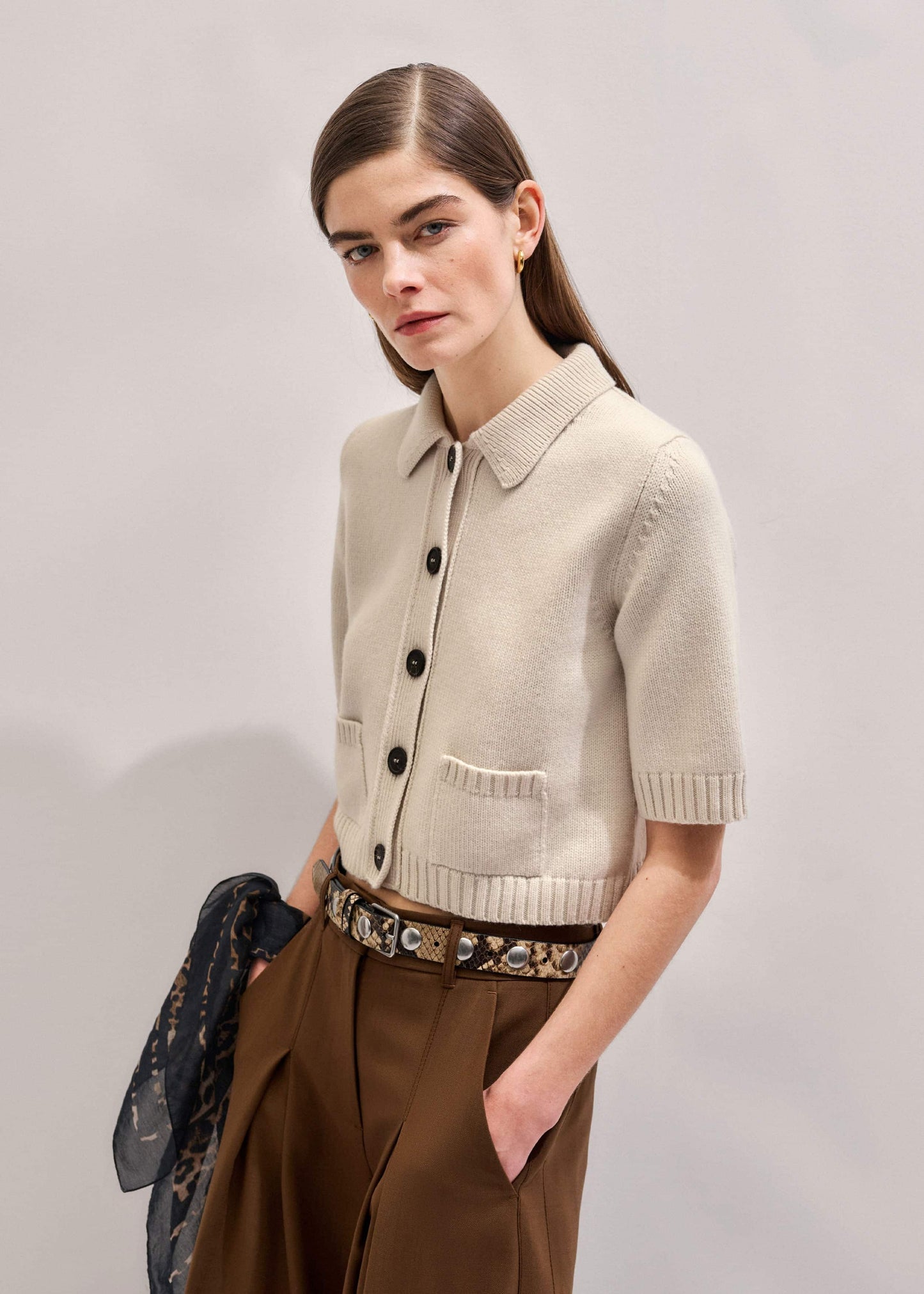 ME and EM Clothing Cream Merino Cashmere Cropped Knit Jacket