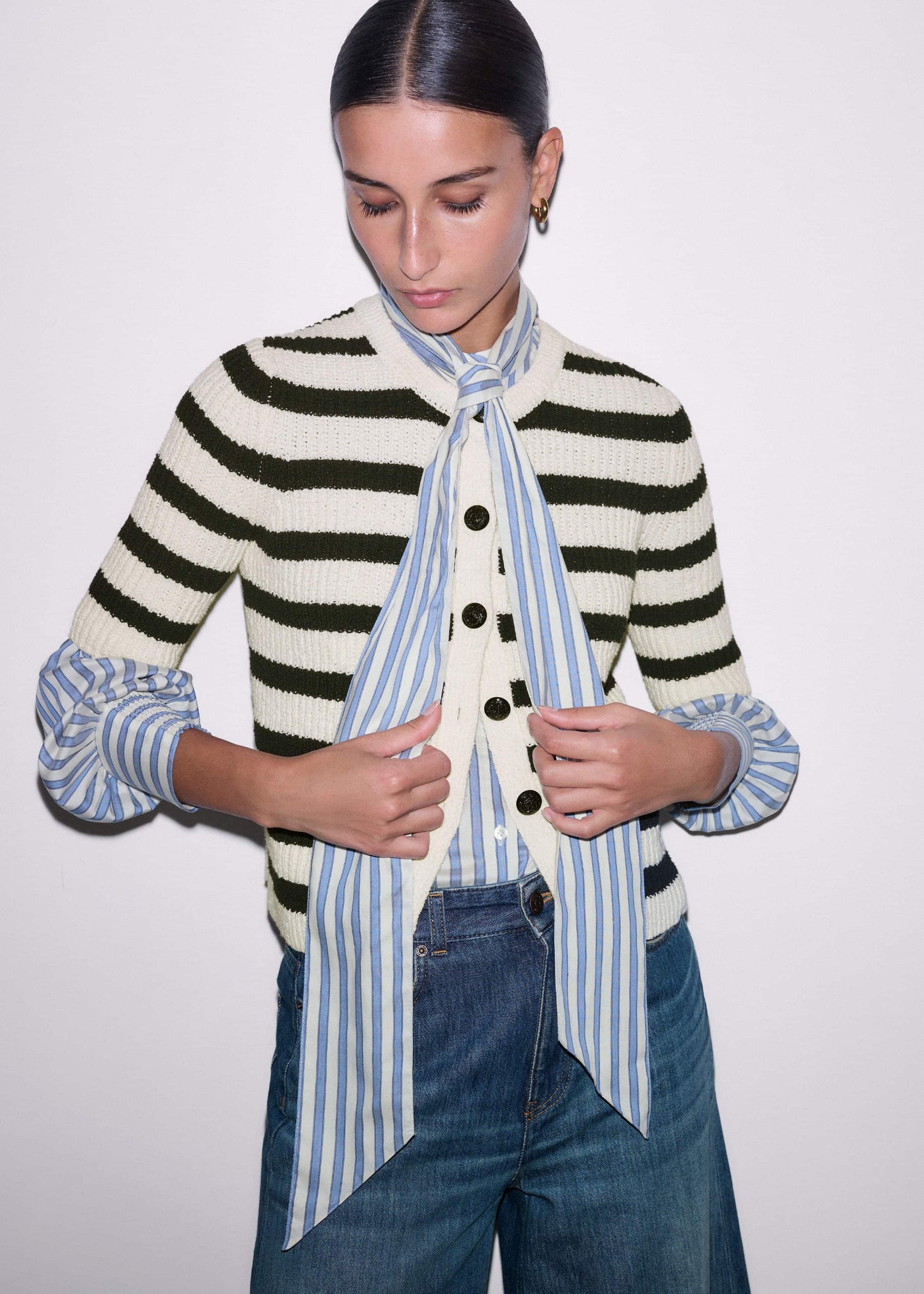 ME and EM Clothing Cream Bouclé Stripe Short Sleeve Cardigan