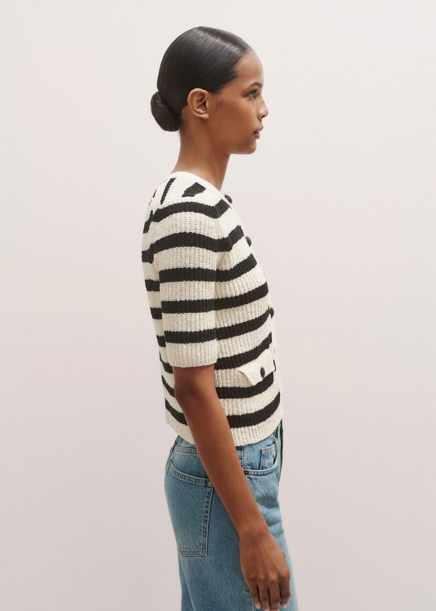ME and EM Clothing Cream Bouclé Stripe Short Sleeve Cardigan