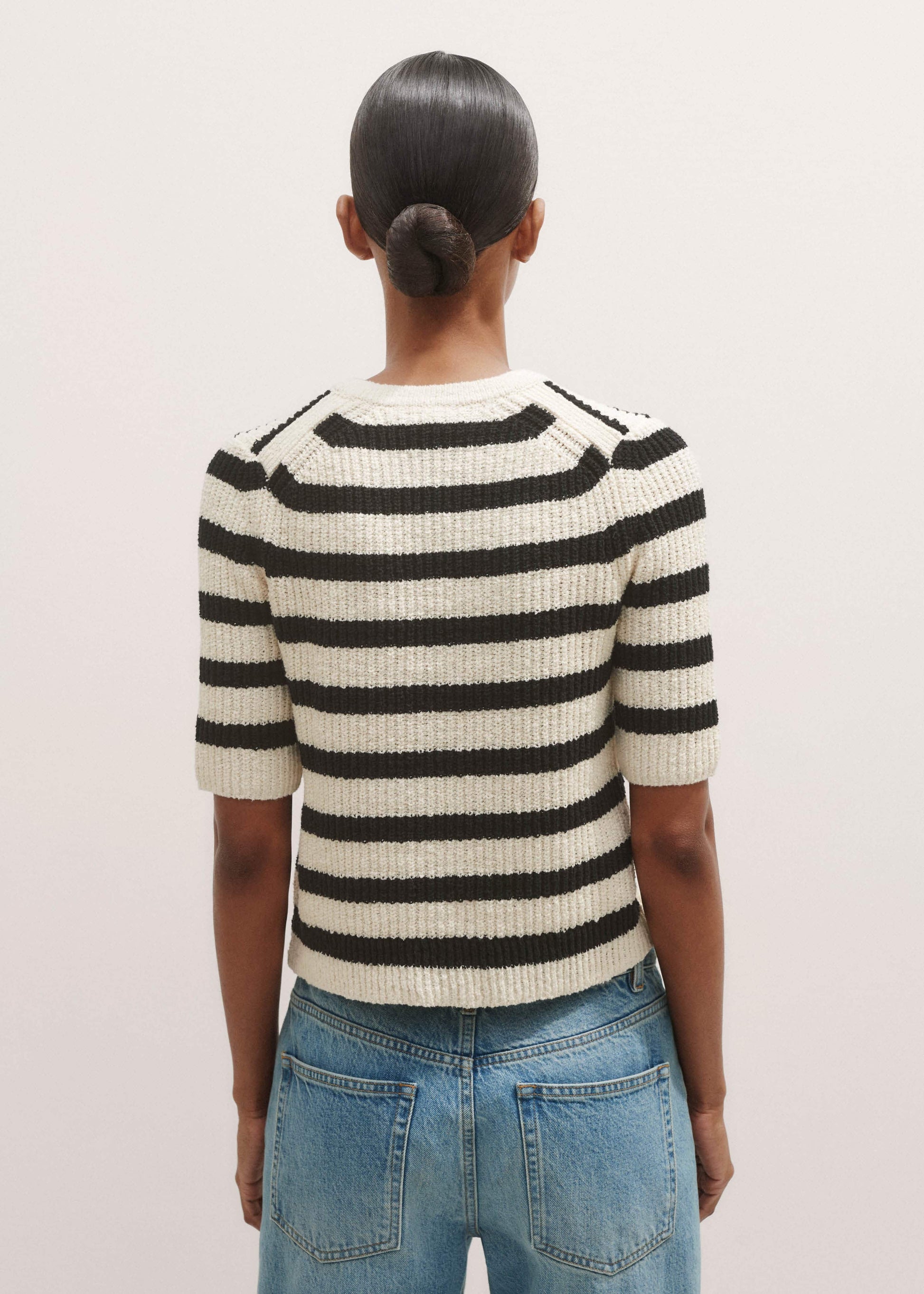 ME and EM Clothing Cream Bouclé Stripe Short Sleeve Cardigan
