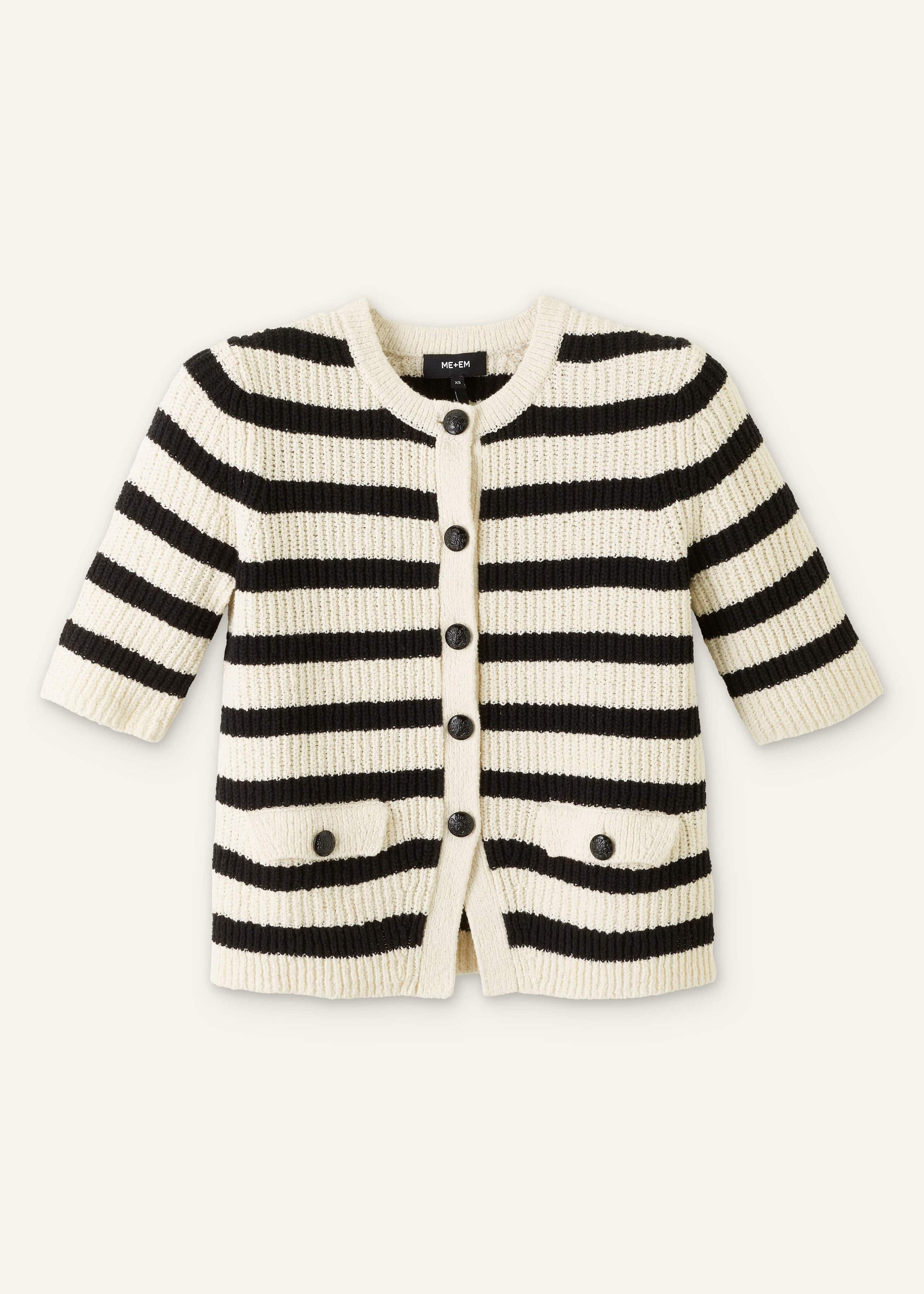 ME and EM Clothing Cream Bouclé Stripe Short Sleeve Cardigan