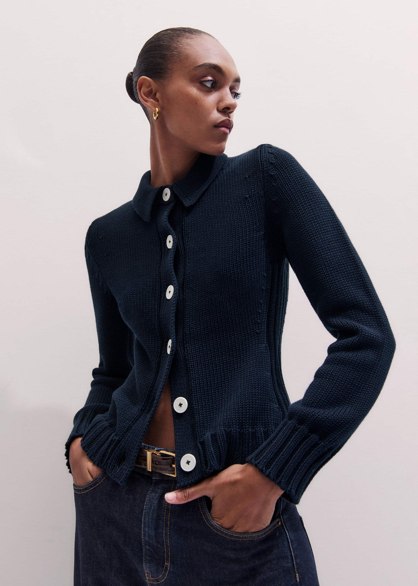 ME and EM Clothing Navy Slim Collared Cardigan