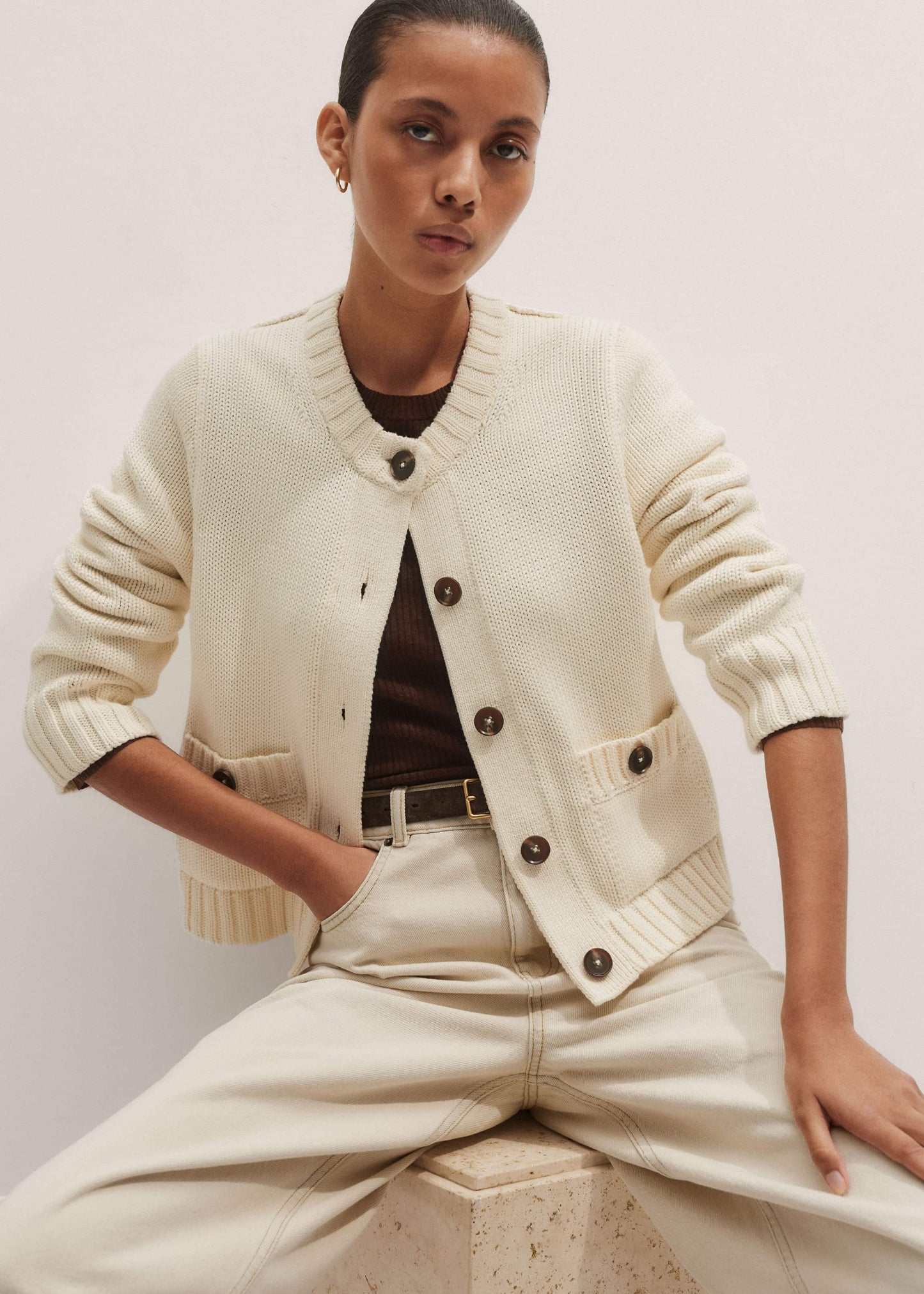 ME and EM Clothing Cream Bracelet Sleeve Cropped Cardigan