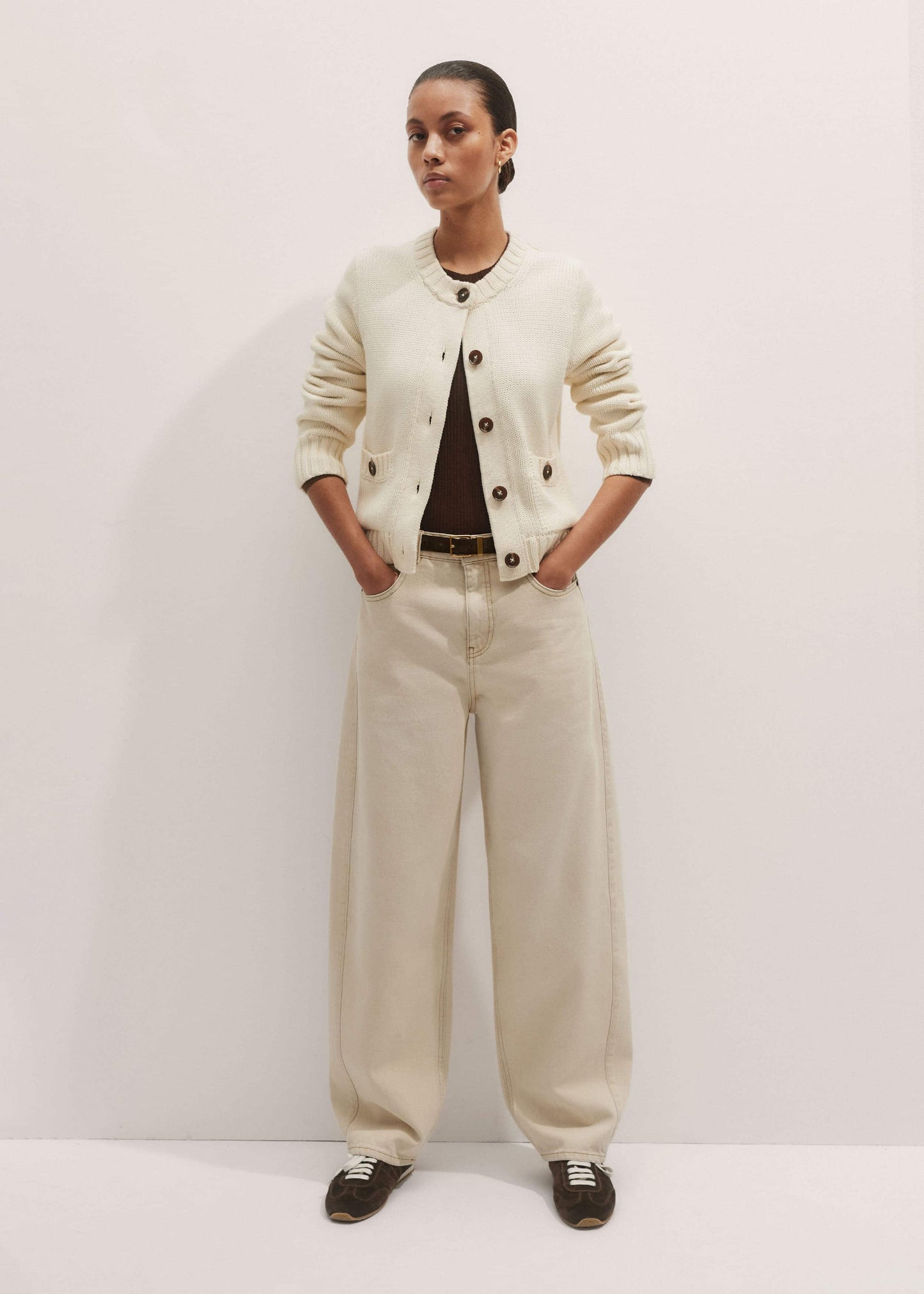 ME and EM Clothing Cream Bracelet Sleeve Cropped Cardigan