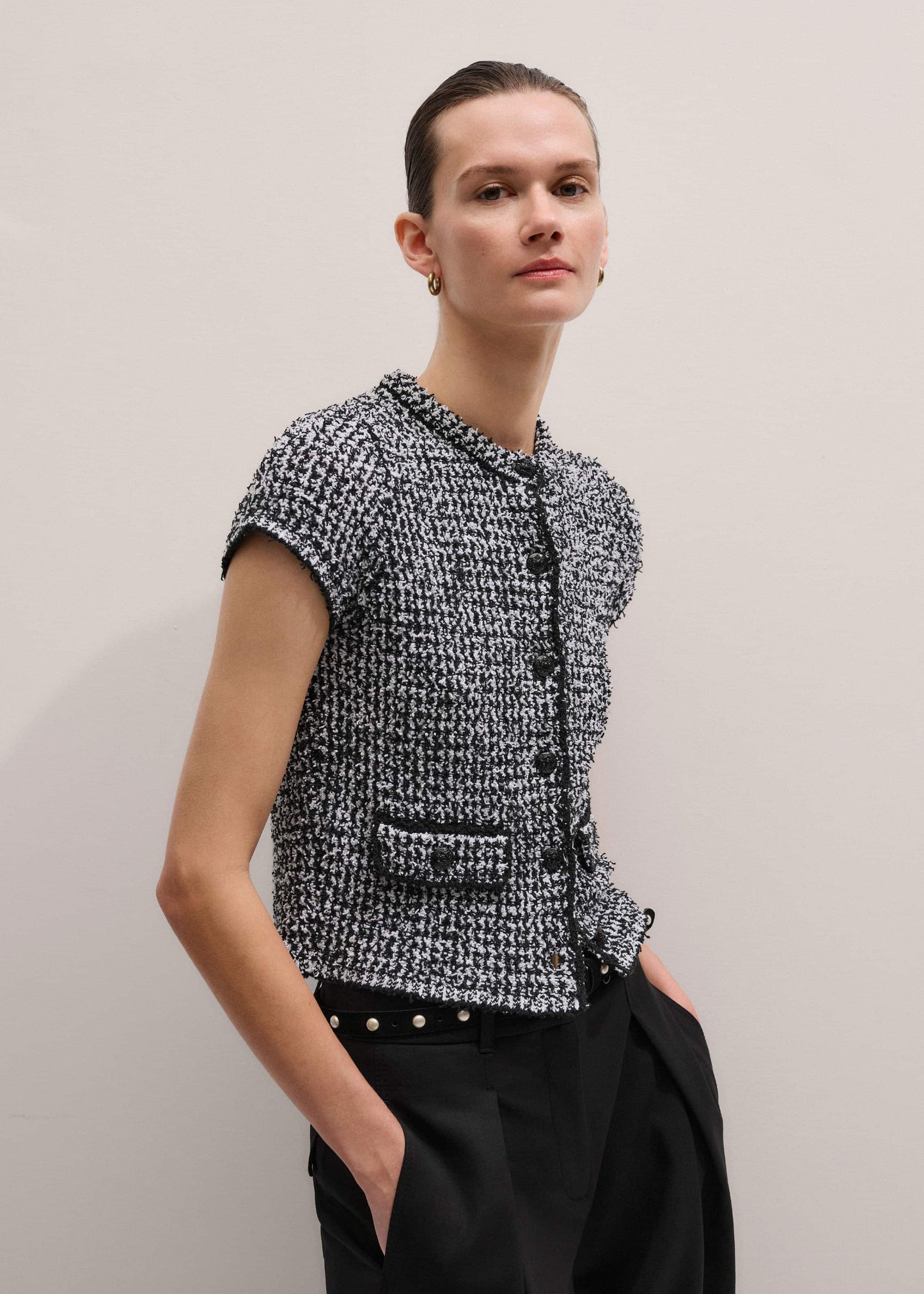 ME and EM Clothing Black Tweed Knit Pouf Sleeve Crop Jacket