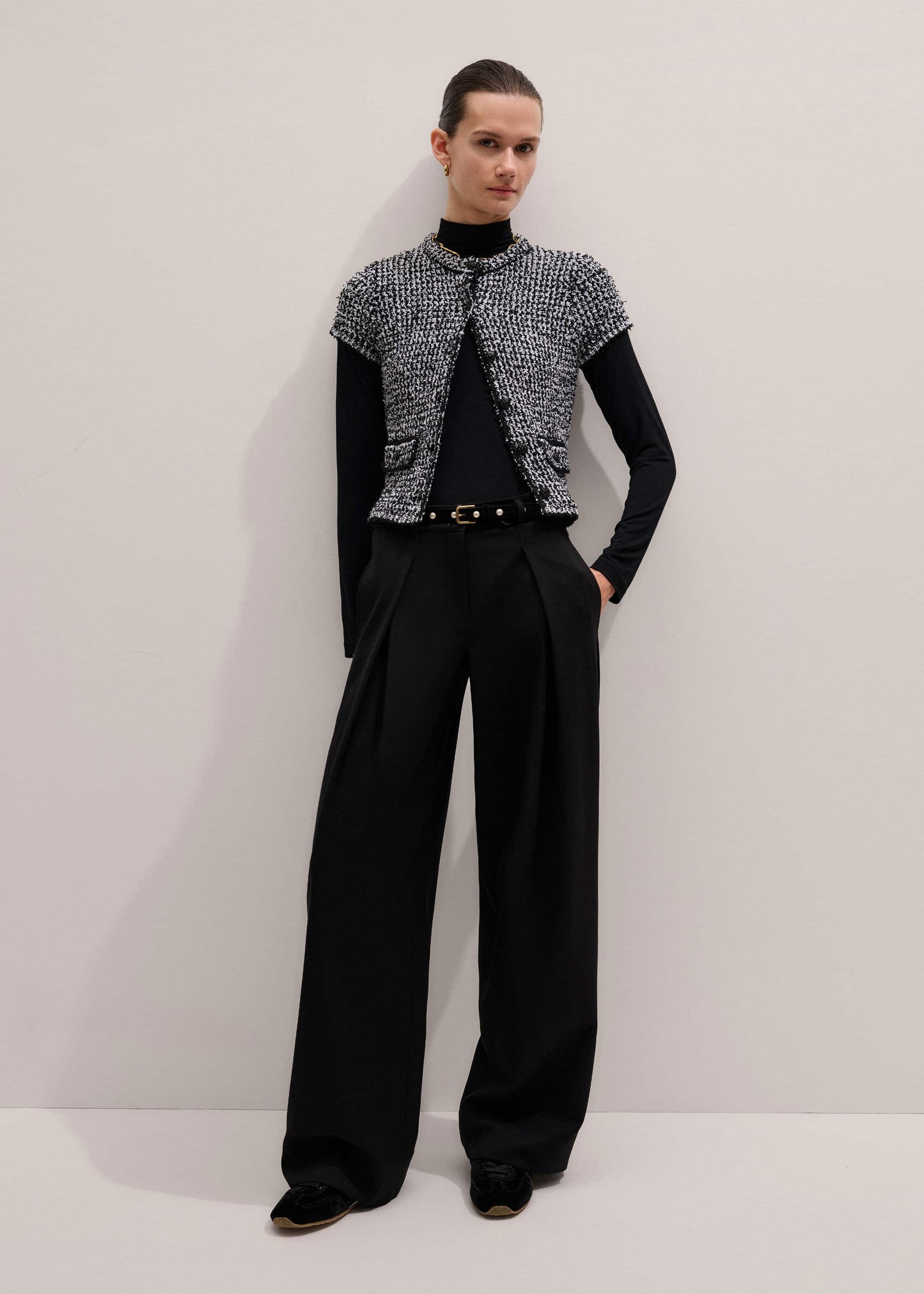 ME and EM Clothing Black Tweed Knit Pouf Sleeve Crop Jacket