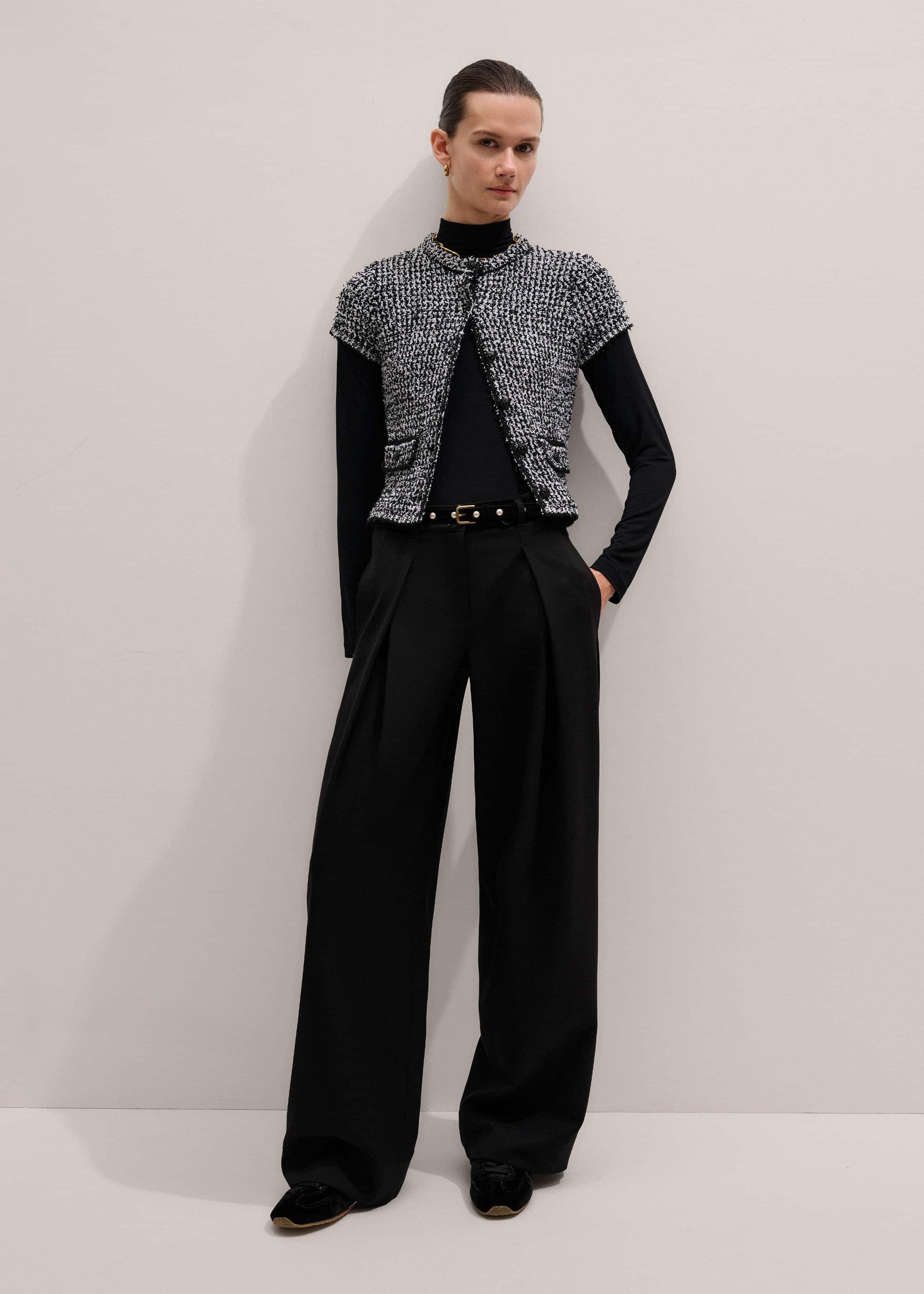 ME and EM Clothing Black Tweed Knit Pouf Sleeve Crop Jacket