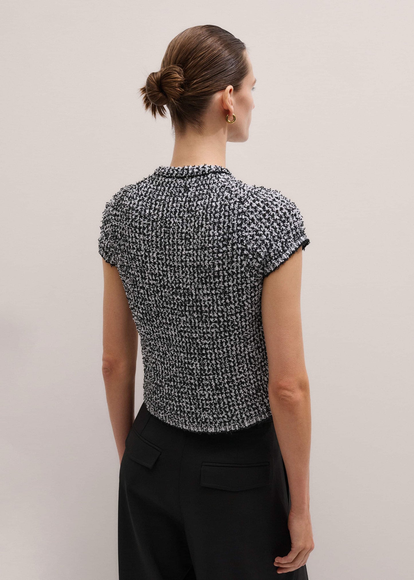 ME and EM Clothing Black Tweed Knit Pouf Sleeve Crop Jacket