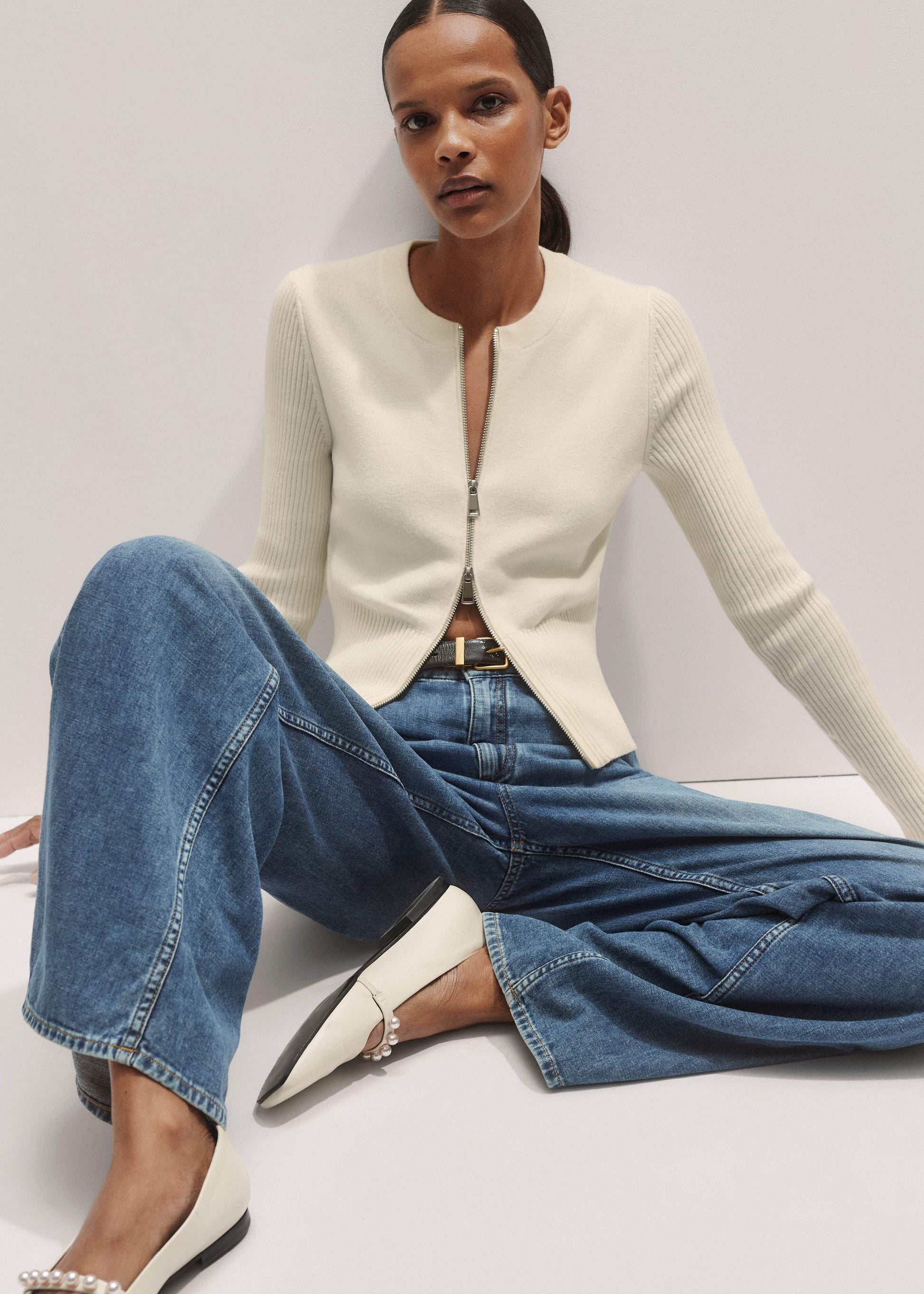 ME and EM Clothing Cream Milano Knit Two-Way Zip Cardigan