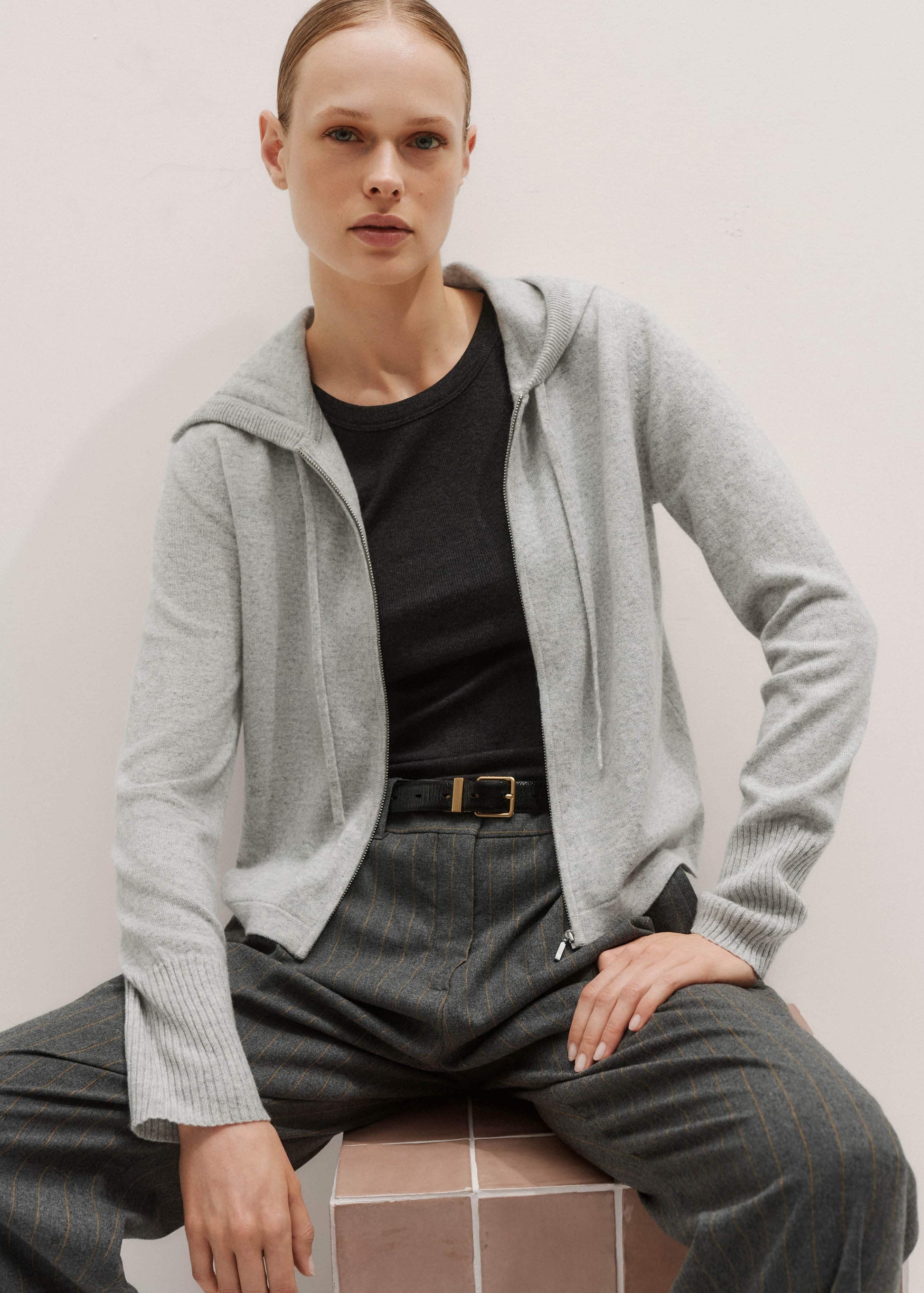 ME and EM Clothing Silver Gray Mélange Cashmere Relaxed Fit Box Zip Hoodie