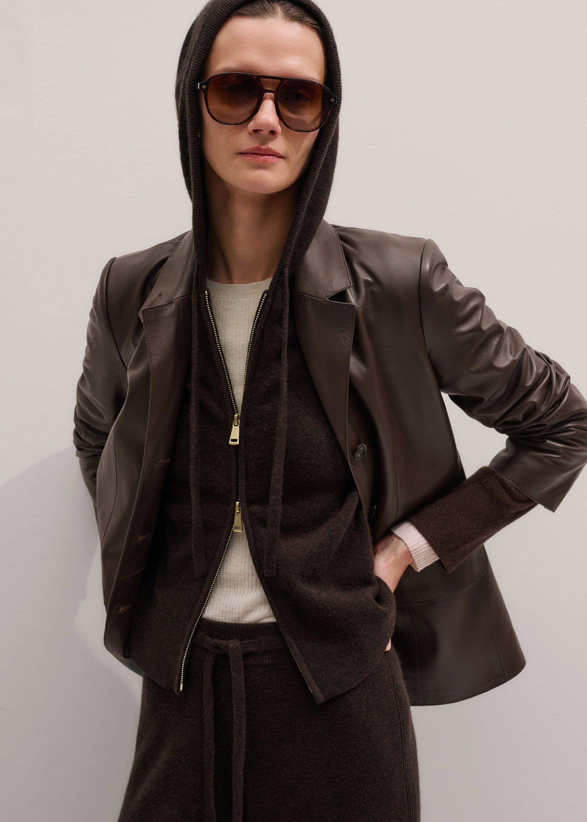 ME and EM Clothing Brown Cashmere Two Way Zip Straight Hoodie