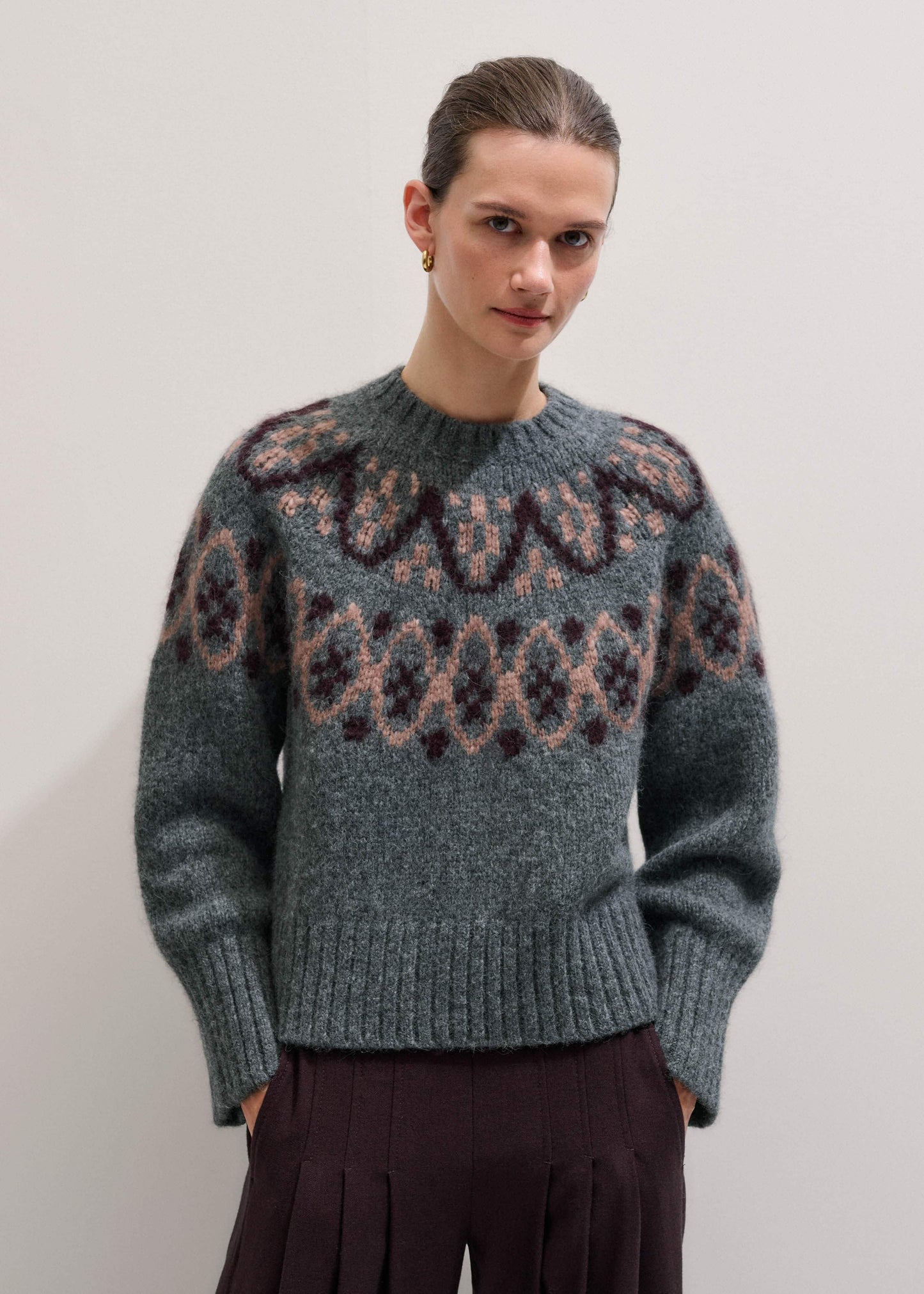 ME and EM Clothing Gray Fairisle Jacquard Relaxed Sweater + Snood