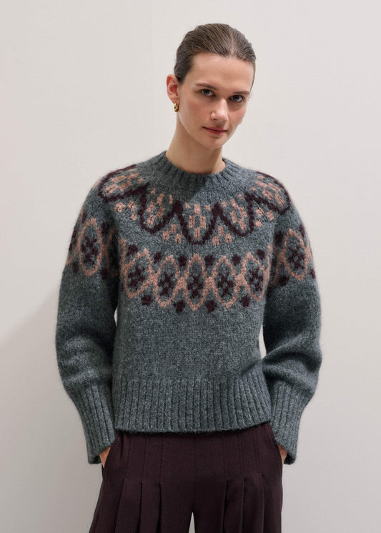 ME and EM Clothing Gray Fairisle Jacquard Relaxed Sweater + Snood