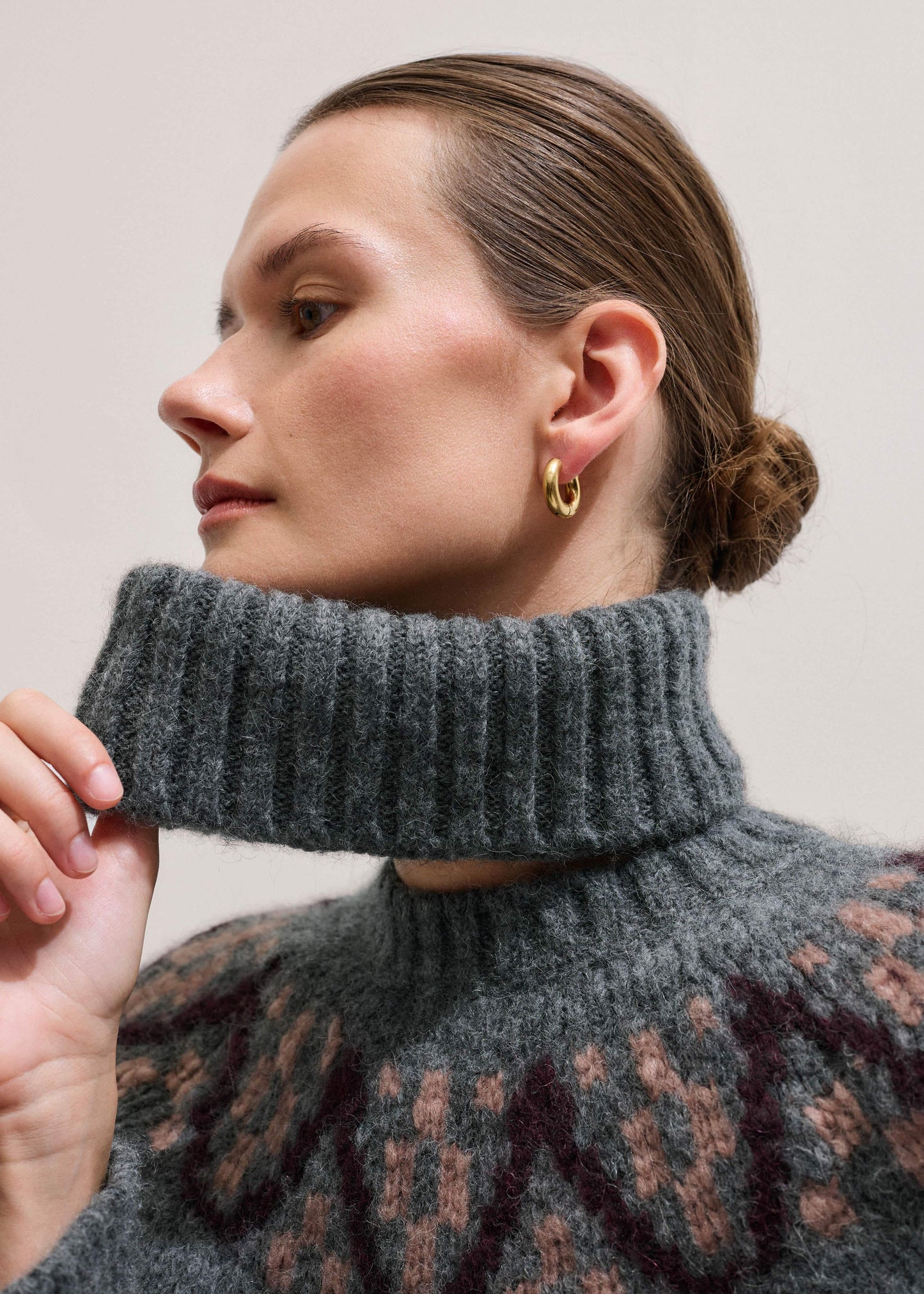 ME and EM Clothing Gray Fairisle Jacquard Relaxed Sweater + Snood