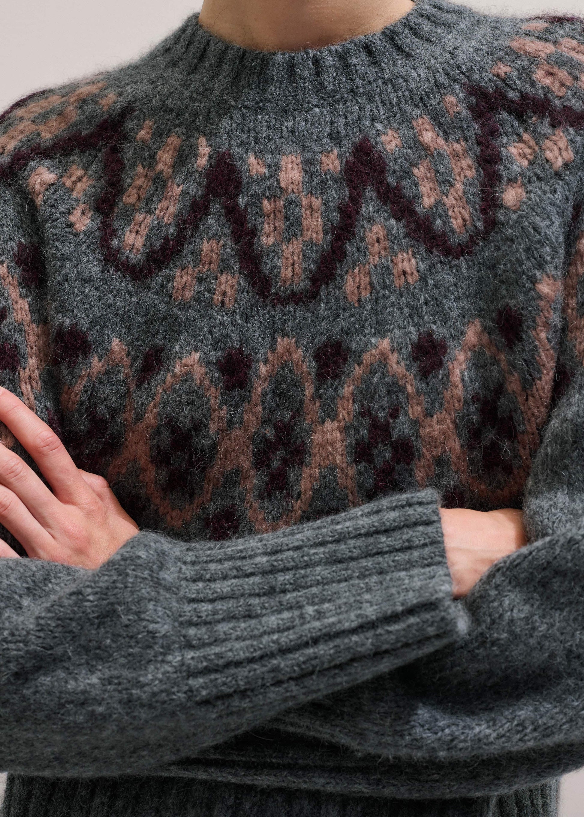 ME and EM Clothing Gray Fairisle Jacquard Relaxed Sweater + Snood