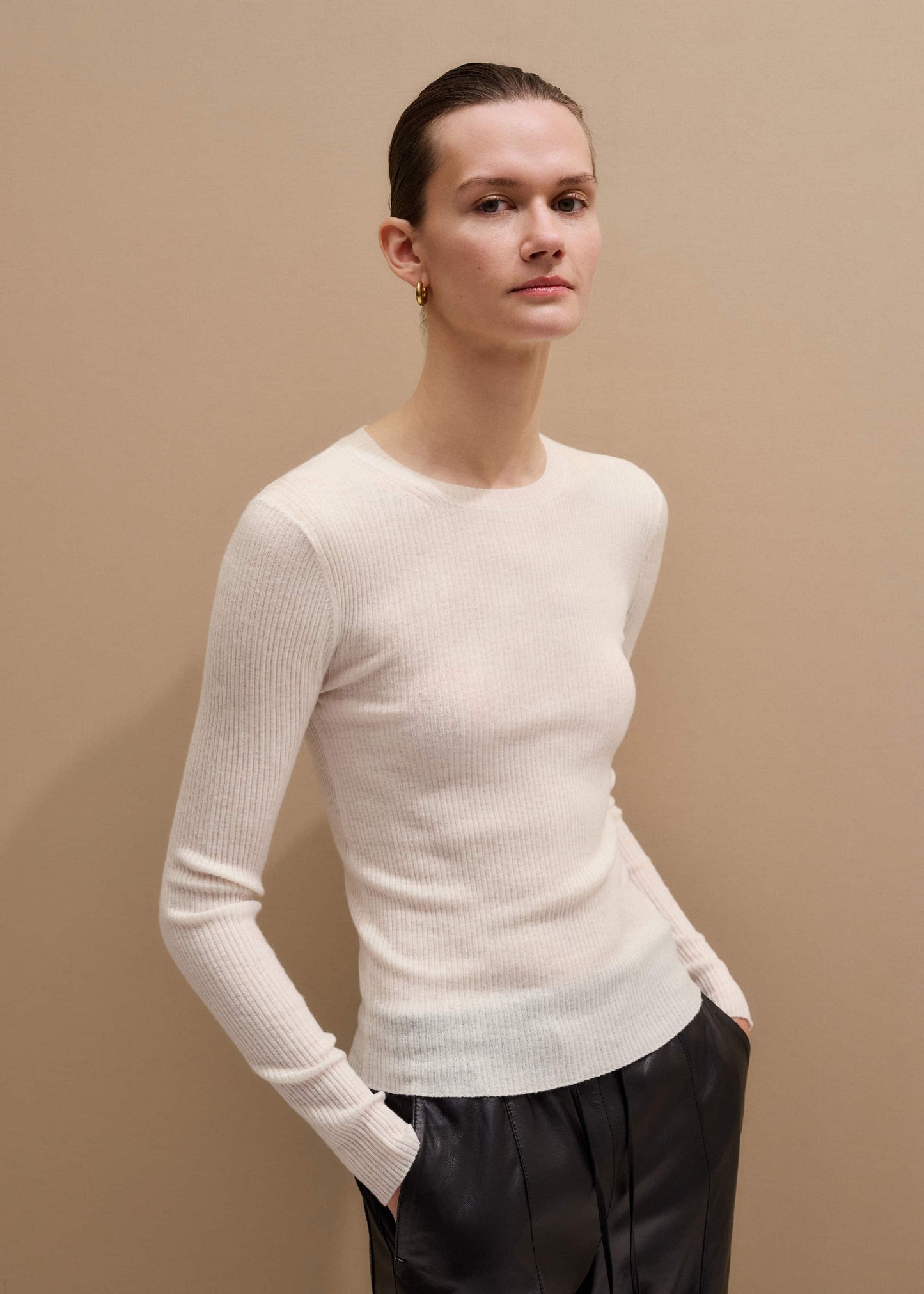 ME and EM Clothing Cream Barely There Slim Rib Layering Sweater