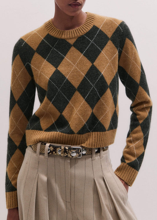 ME and EM Clothing Brown Cashmere Relaxed Argyle Sweater