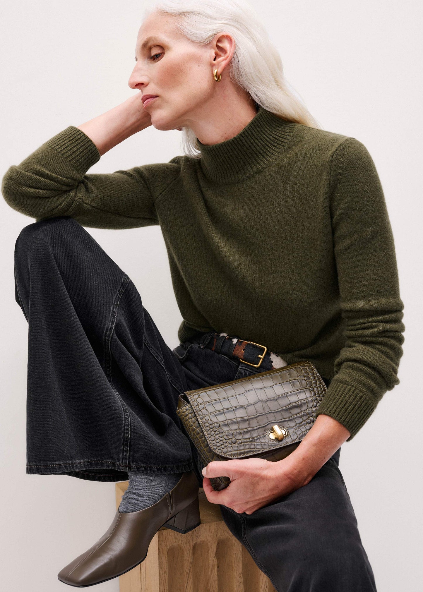 ME and EM Clothing Olive Green High Neck Crop Sweater
