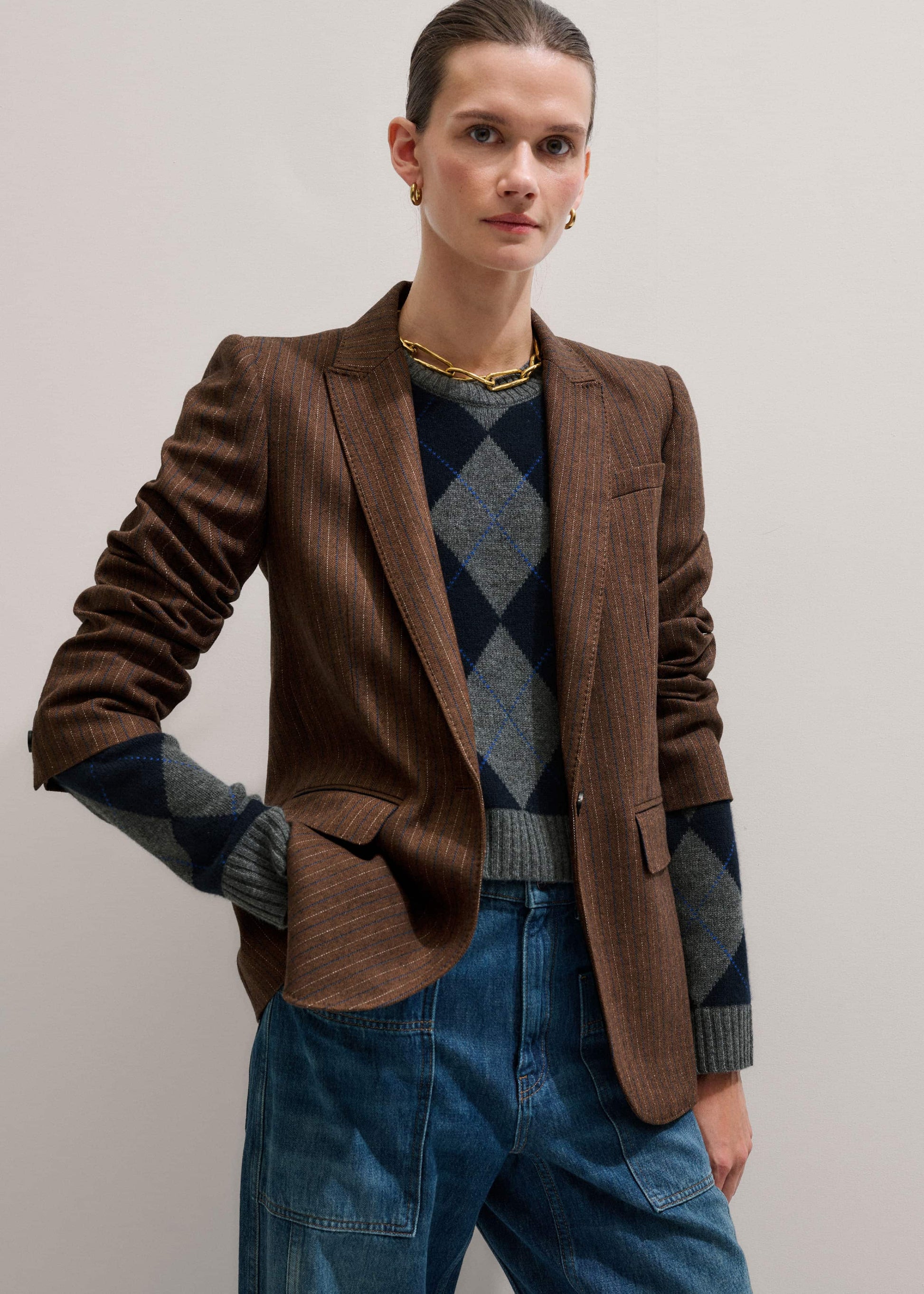 ME and EM Clothing Brown Pinstripe Sharp Shoulder Blazer