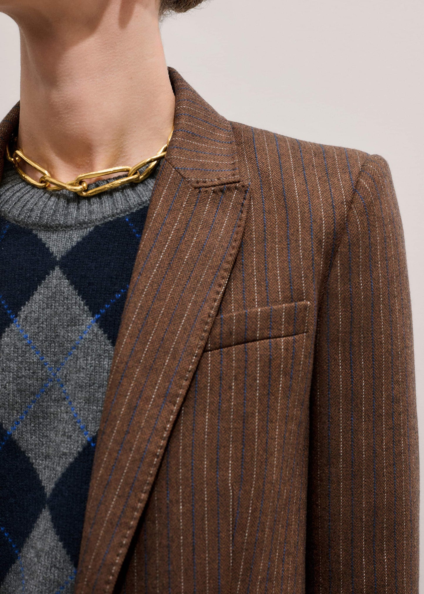 ME and EM Clothing Brown Pinstripe Sharp Shoulder Blazer