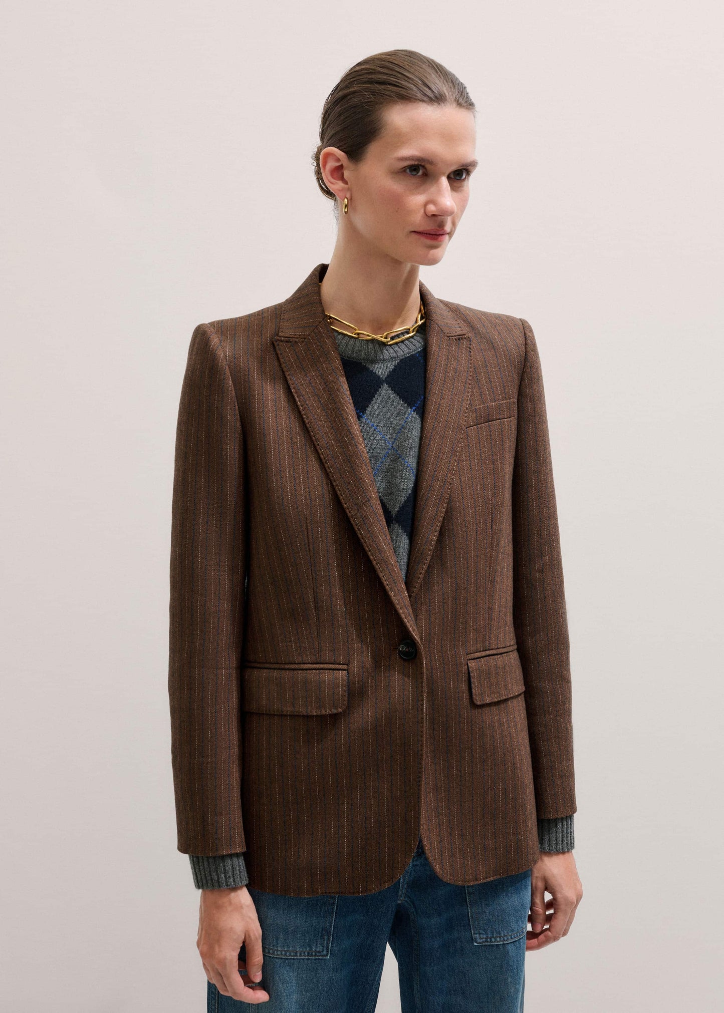ME and EM Clothing Brown Pinstripe Sharp Shoulder Blazer