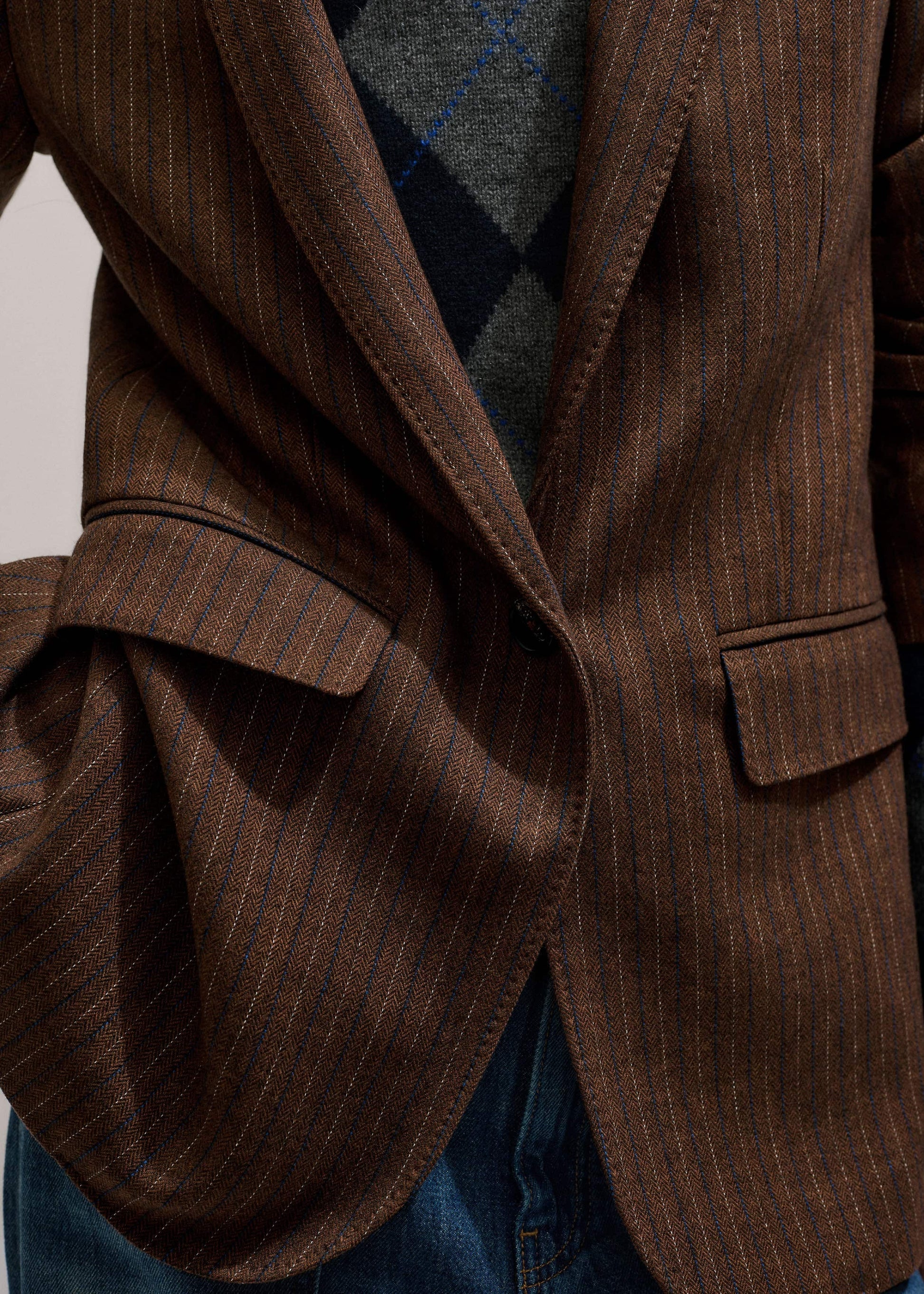 ME and EM Clothing Brown Pinstripe Sharp Shoulder Blazer