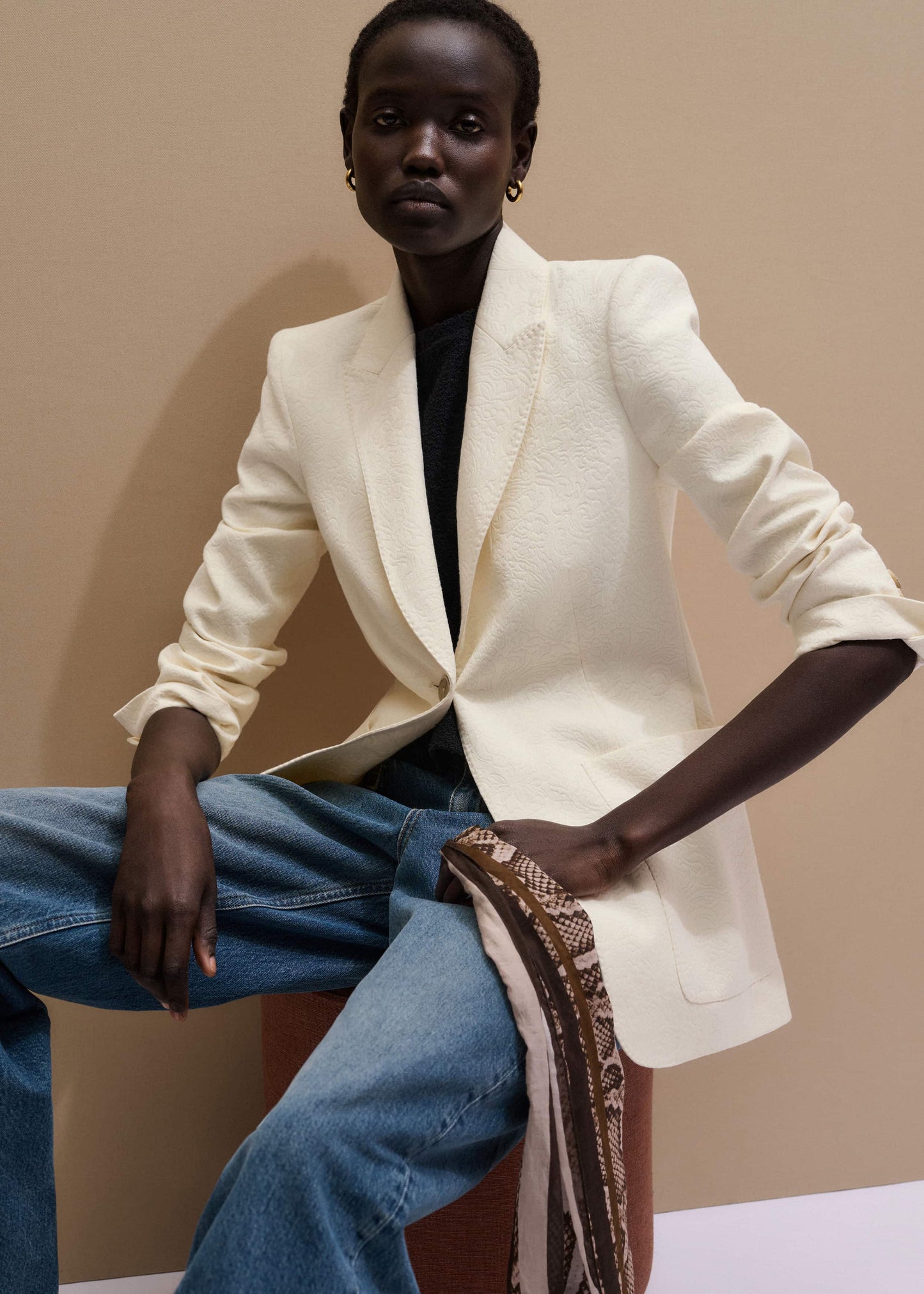 ME and EM Clothing Ivory Luxe Jacquard Sharp Shoulder Blazer