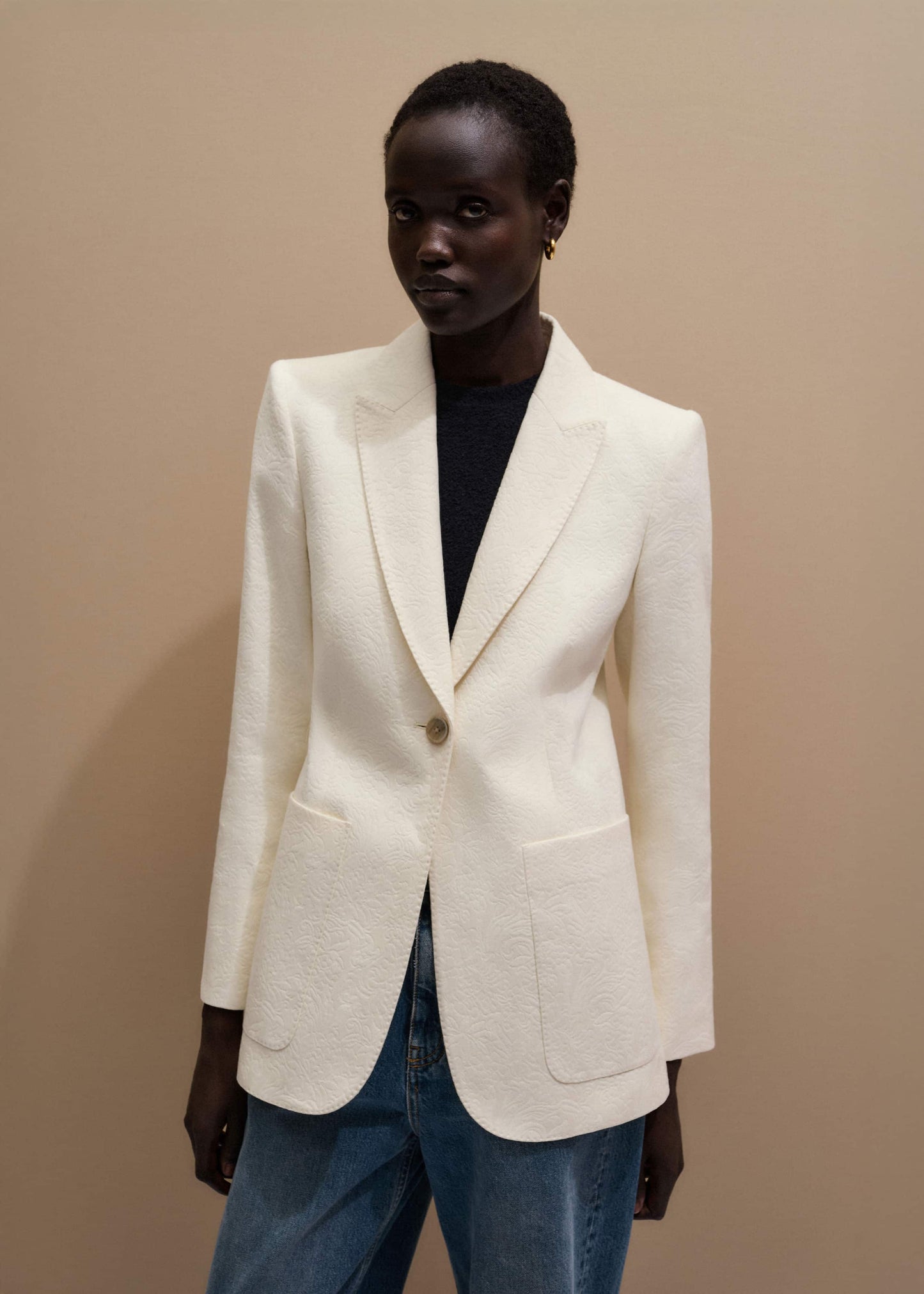 ME and EM Clothing Ivory Luxe Jacquard Sharp Shoulder Blazer