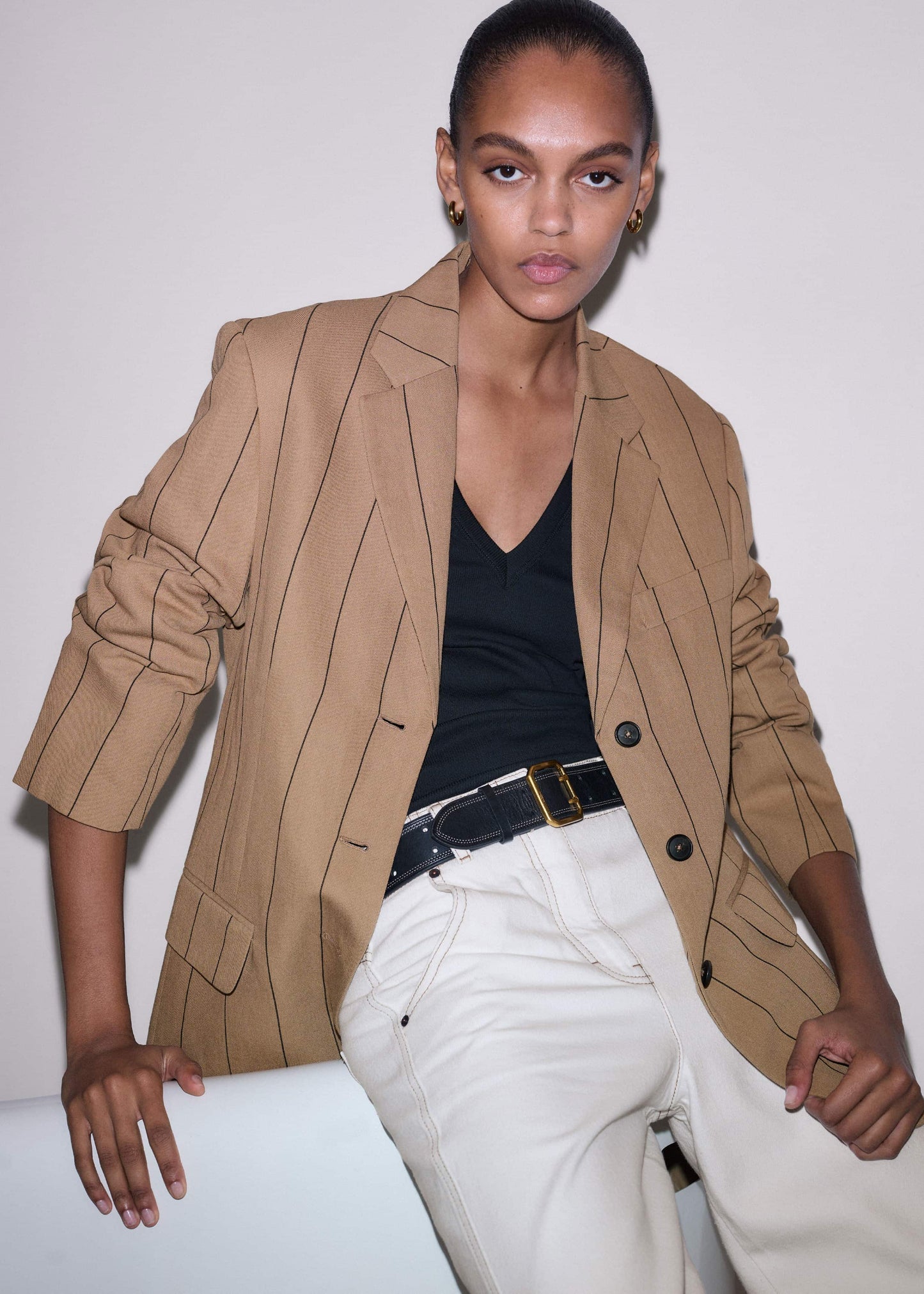 ME and EM Clothing Tan Icon Intelligently Oversized Pinstripe Blazer